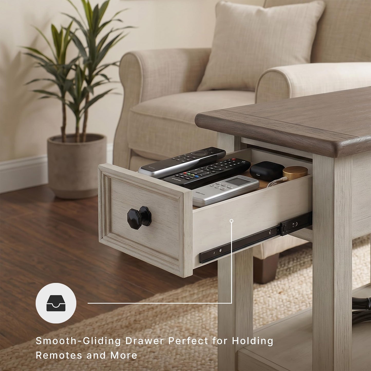 Signature Design by Ashley Bolanburg Chairside End Table With Charging Station, Two-Tone Wood Accent Table With Drawer Storage, Plank Top Design for Living Room or Bedroom, Antique White