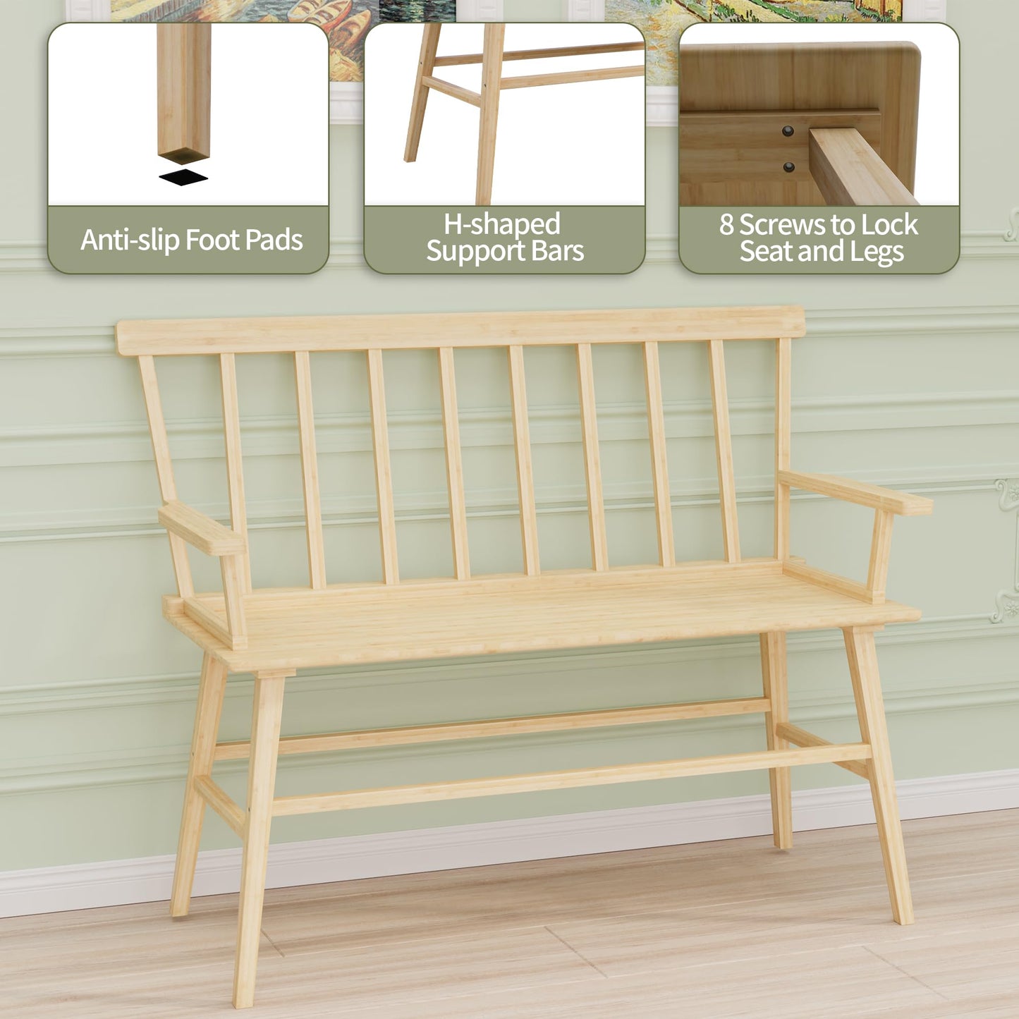 Wisuce Essentials Bamboo Dining Bench, Entryway Bench with Spindle Back Farmhouse Wood Windsor for Foyer Balcony Living Room (Nature)