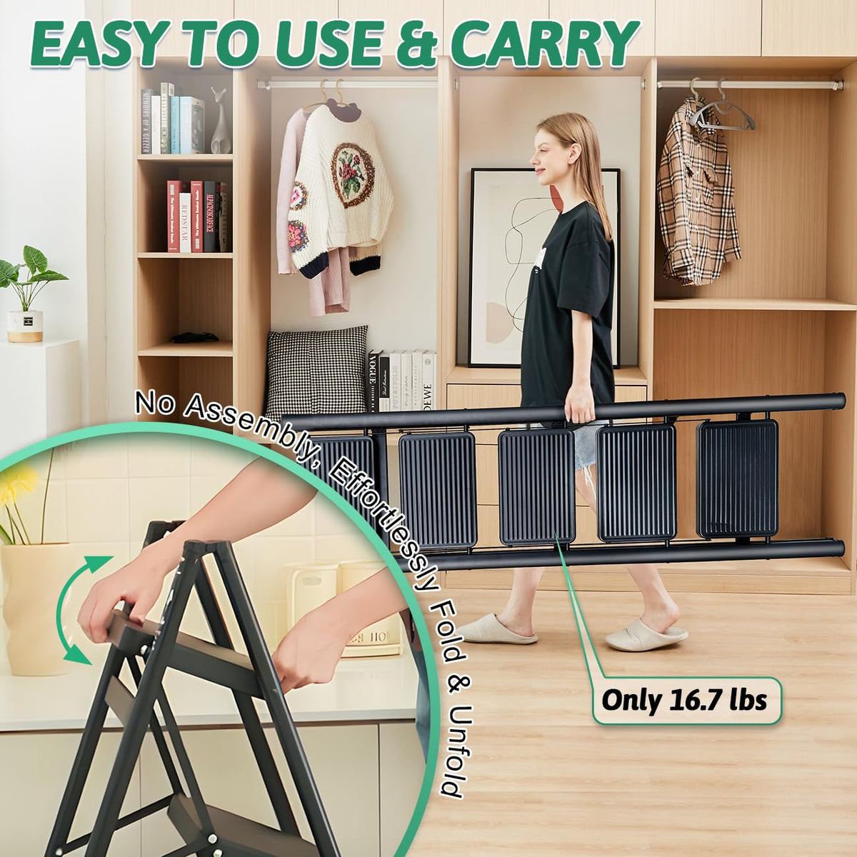 OOSOFITT 5-Step Folding Ladder, Heavy Duty Ladders for Home & Kitchen, Folding Ladder Easy to Store, Tall Ladder for Adults, Anti-Slip & Space-Saving Step Ladder, 330 Lbs Capacity