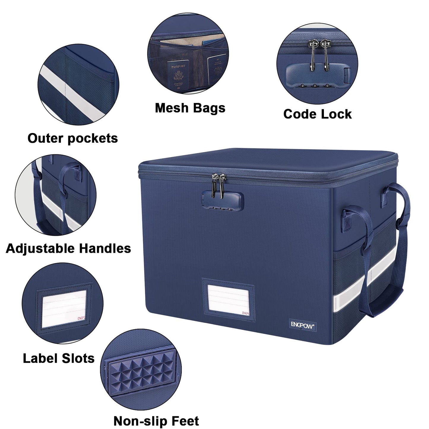 ENGPOW File Box with Lock, Fireproof Document Box with Zipper＆Pockets, Collapsible File Organizer Filing Storage Cabinet with Handle, Portable Home Office Safe for Hanging Letter/Legal Folder, Blue