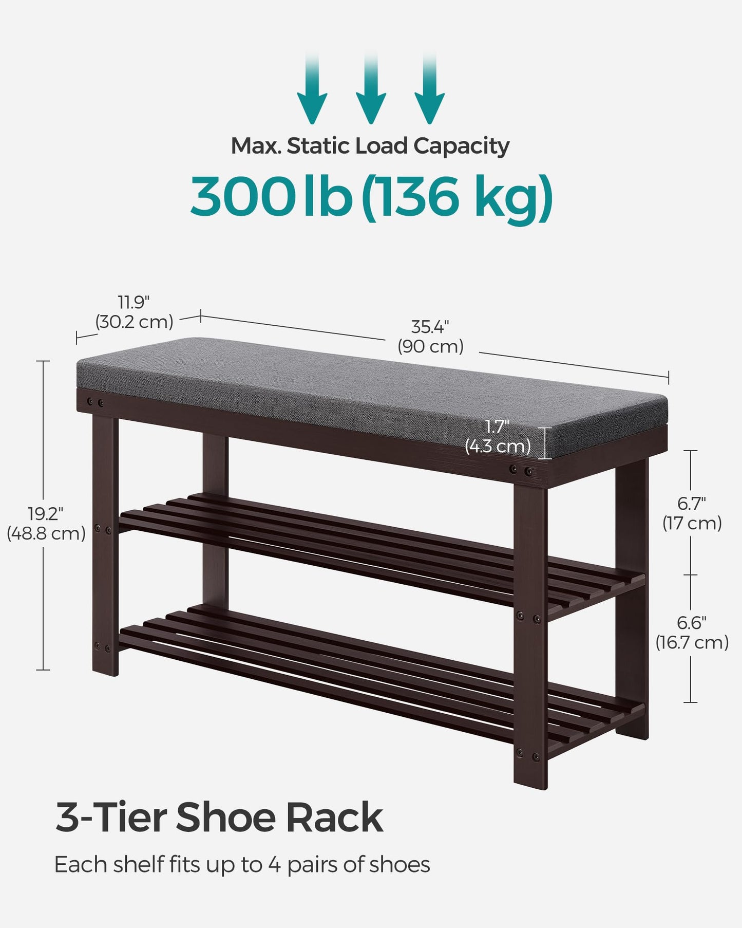 SONGMICS Bamboo Shoe Bench, 3-Tier Shoe Rack Organizer for Entryway, Living Room, Bench Seat Holds Up to 300 lb, 11.9 x 35.4 x 19.2 Inches, Rustic Walnut and Slate Gray ULBS904B32