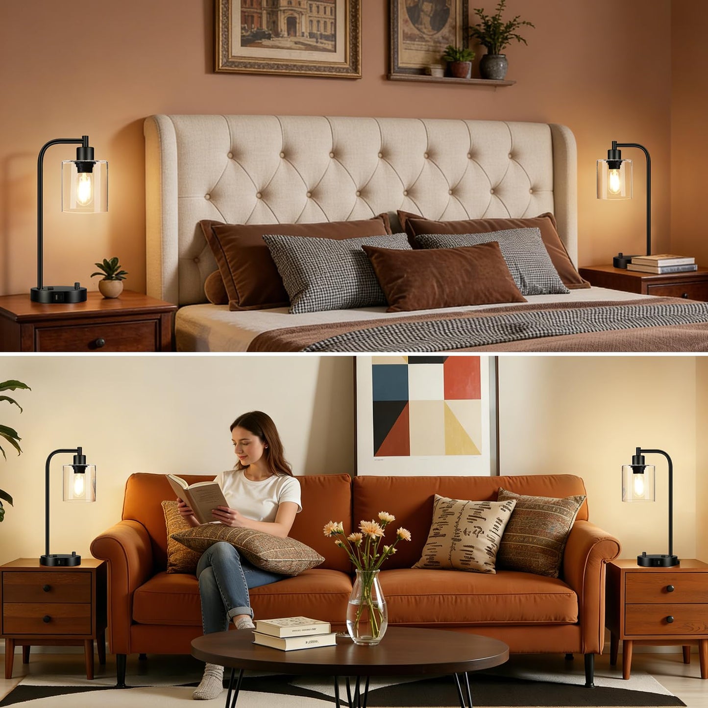 Set of 2 Industrial Table Lamps with USB C+A Ports and Outlet, Fully Stepless Dimmable Bedside Lamps for Bedrooms, Nightstand Desk Lamp with Glass Shade for Reading Living Room Office (Bulbs Included)