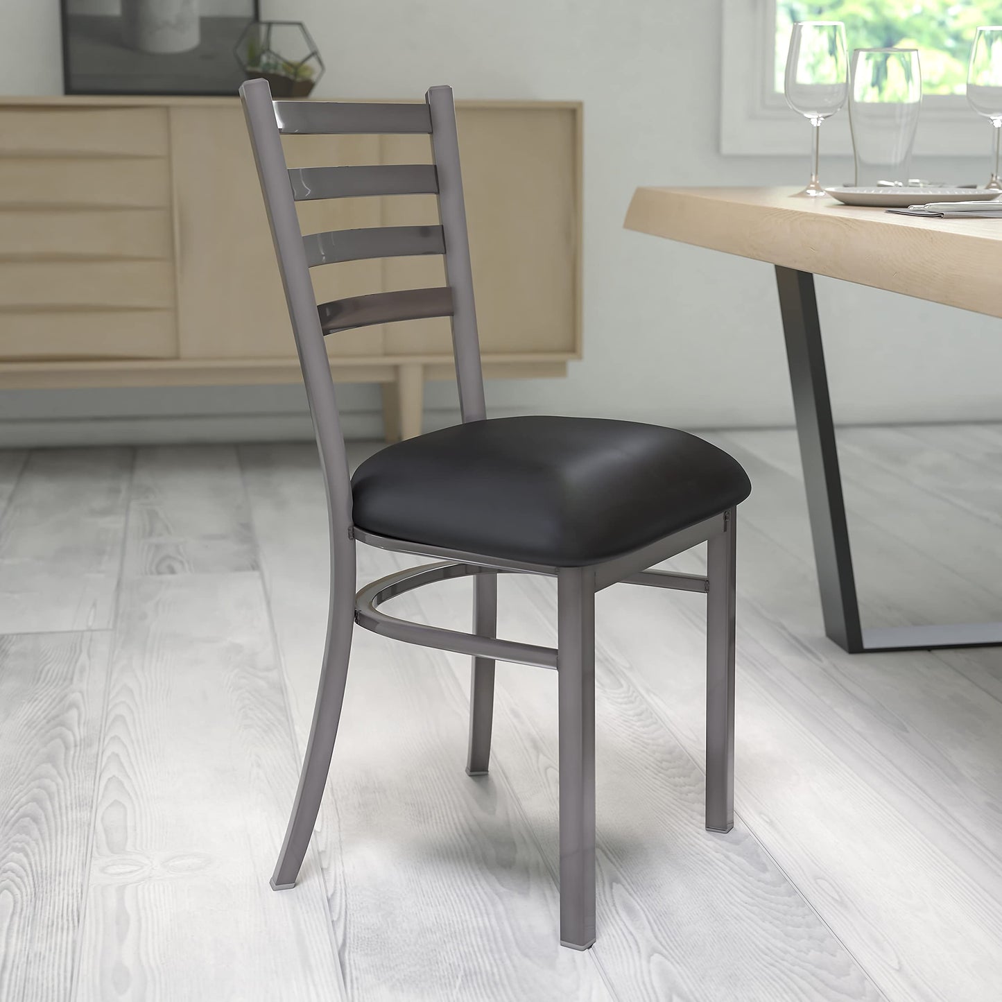 Flash Furniture HERCULES Series Clear Coated Ladder Back Metal Restaurant Chair - Black Vinyl Seat