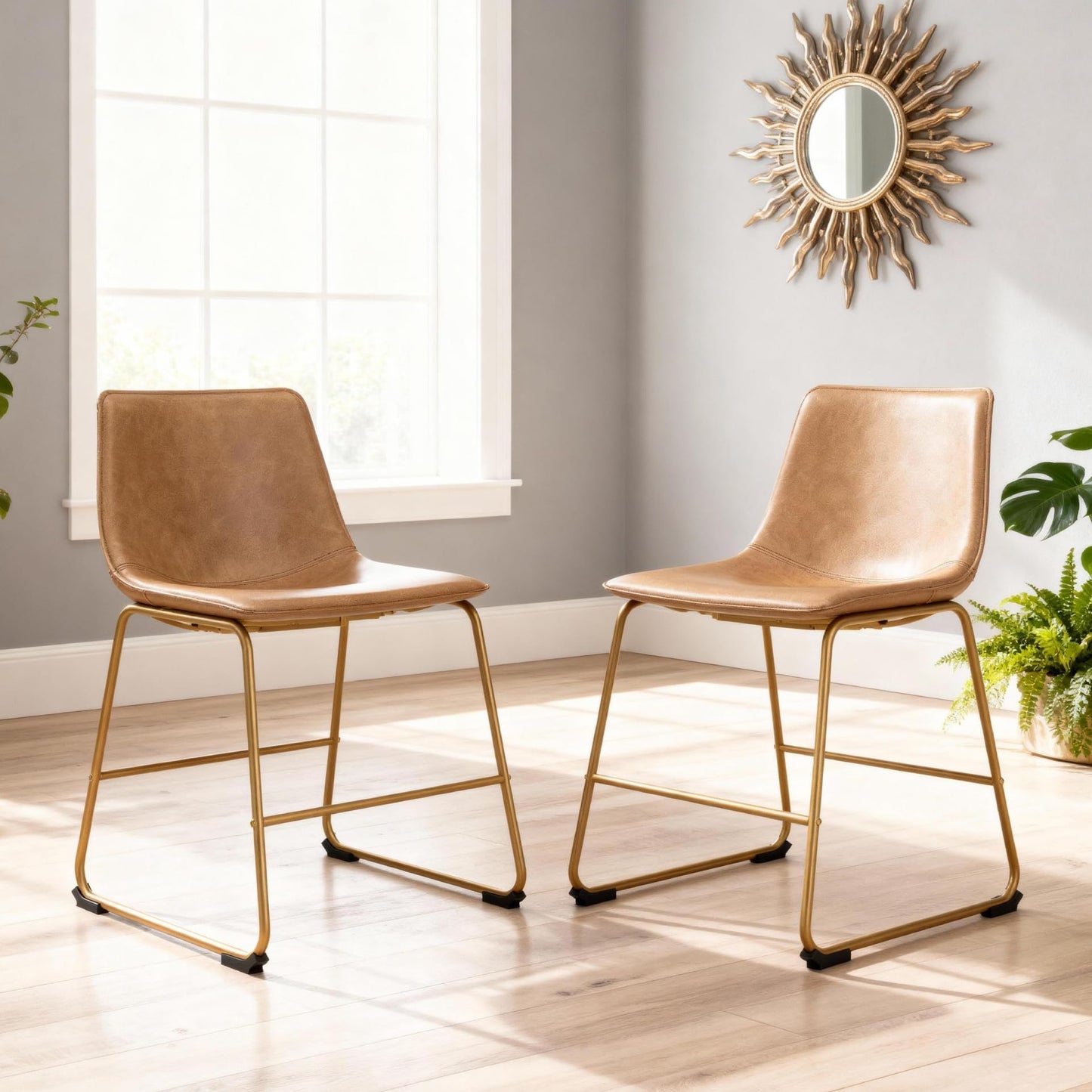 Signature Design by Ashley Lexadine Mid Century Modern Dining Chairs Set of 2, Cushioned Faux Leather Bucket Seat, Metal Frame for Kitchen Table, Toast Light Brown and Gold