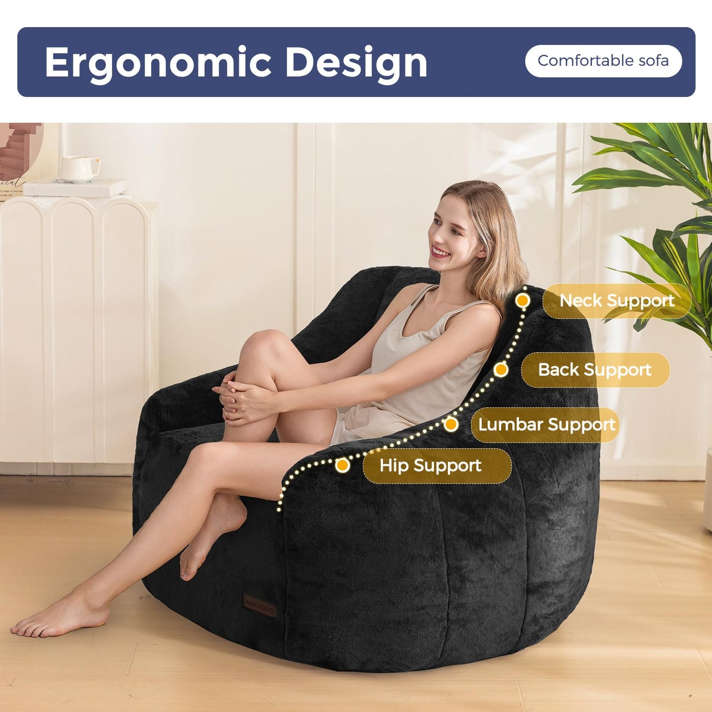 MAXYOYO Bean Bag Chair, Comfy Bean Bag Sofa with Back Support, Faux Fur Bean Bag Chair for Adults and Kids, Stuffed Floor Sofa for Living Room, Bedroom, Apartment, Black
