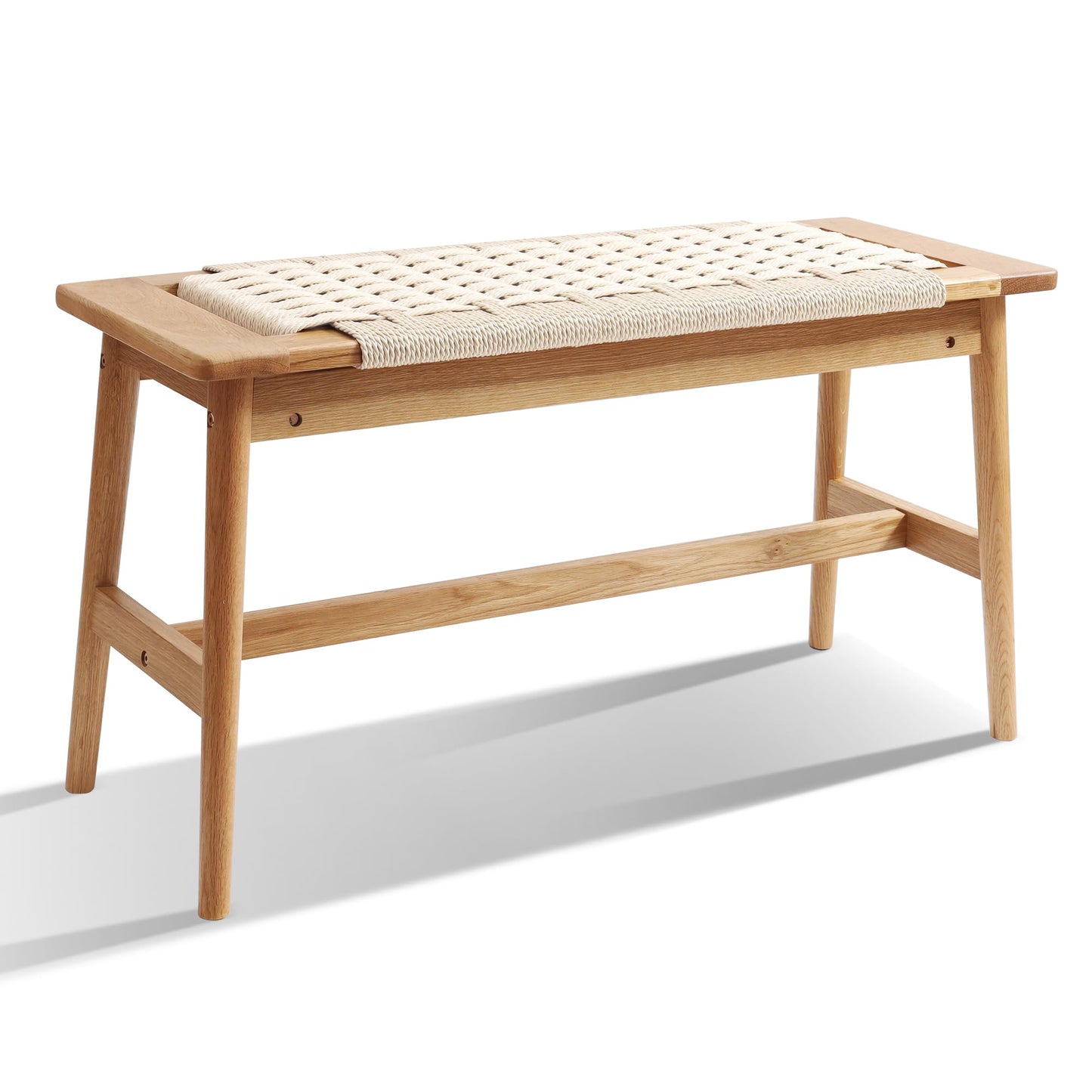 OGMILL 33.5" L Wood Dining Bench Indoor, 100% Natural Solid Oak Bed Bench Hand Woven Enterway Bench Small Bench for Dining Room, Bedroom, Kitchen (Creamy White)