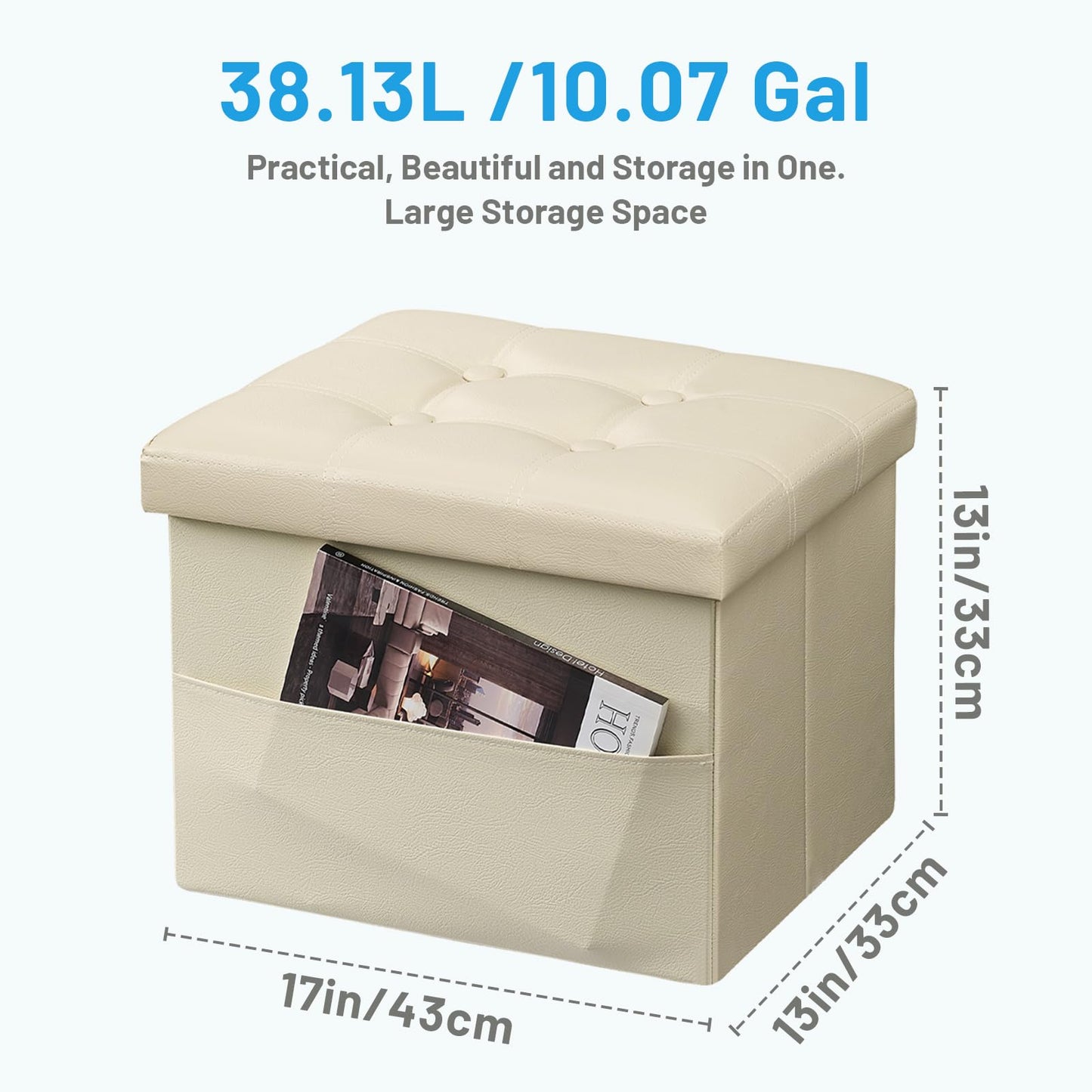 Bsketa Storage Ottoman Foot Rest Stool, Small Leather Storage Ottomans Bench, Folding Footstool with Side Pockets, Foot Rest Under Desk for Living Room Bedroom, 17x13x13 in, Beige