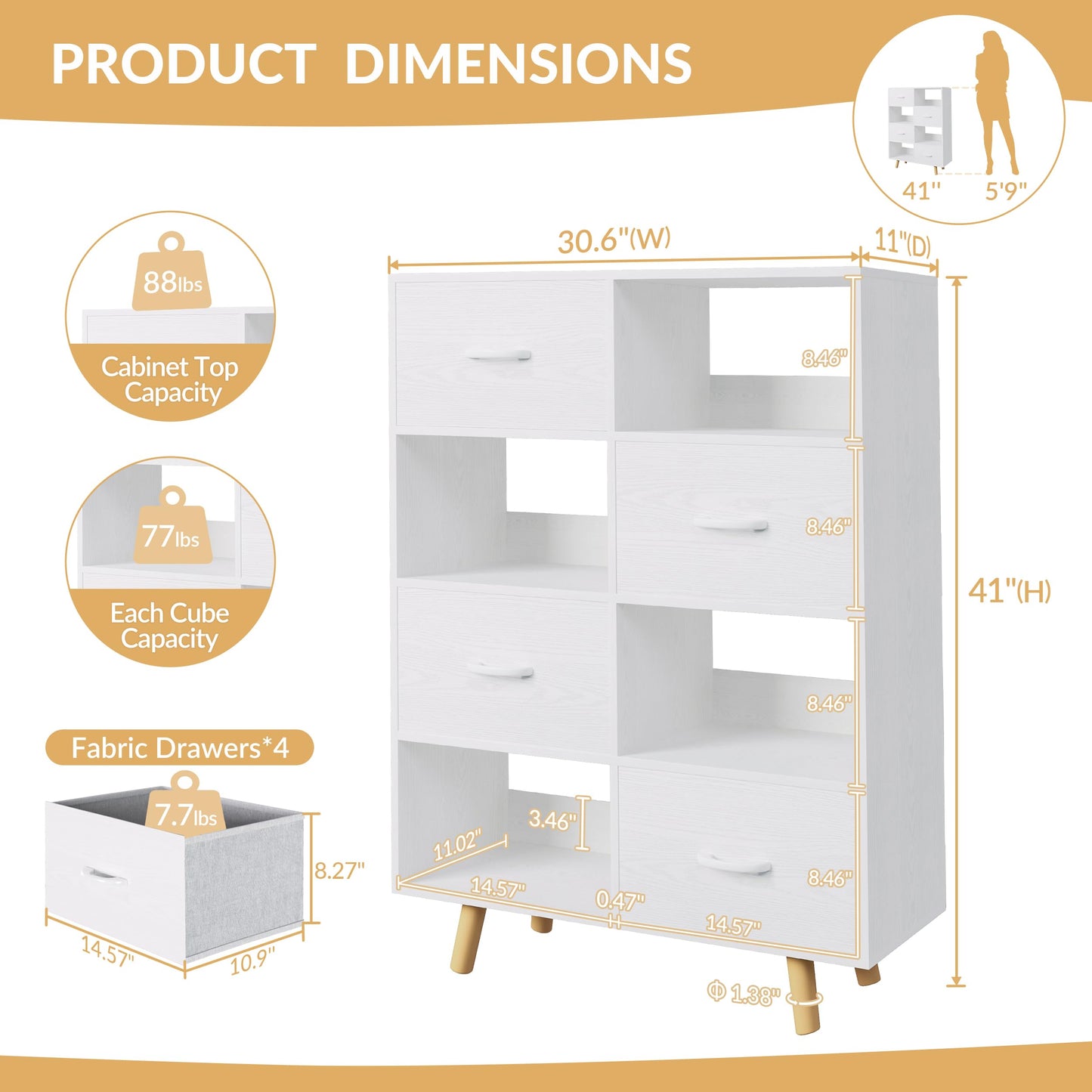 ELYUP Bookcase with Fabric Storage Bins - 8 Cube Organizer Display Bookshelf for Home Office, White