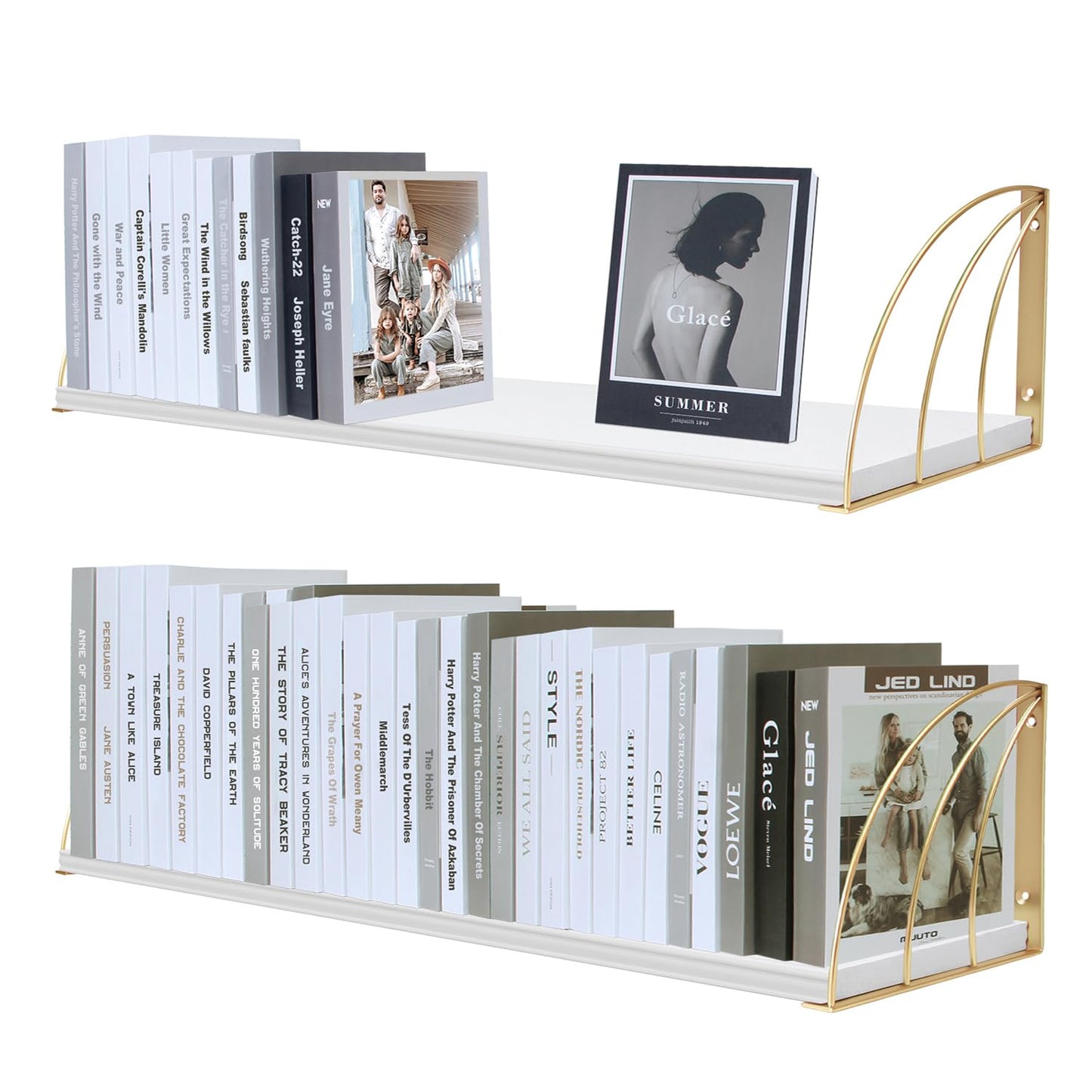 KDCMXS Thicked 0.71 in Heavy Duty White and Gold Shelves Pine Wood Large 36 Inch Gold Shelf with Elegant Lines,White Gold Floating Shelves,White Gold Wall Shelf for White Floating Bookshelf Set of 2.