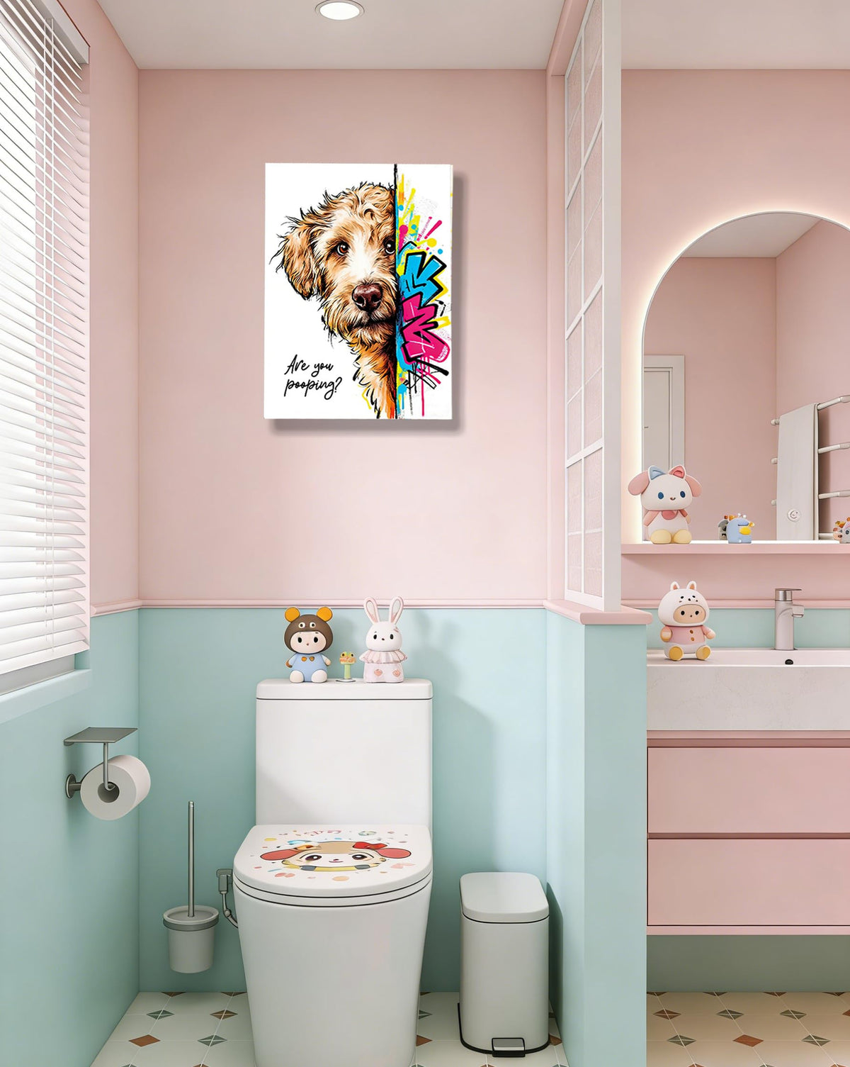 12x16“ Funny Goldendoodle Dog Bathroom Wall Art, Are You Pooping? Graffiti Pet Canvas Print, Humorous Restroom Poster Decor for Bathroom Toilet, Modern Pop Art Dog Lover Picture (Framed)