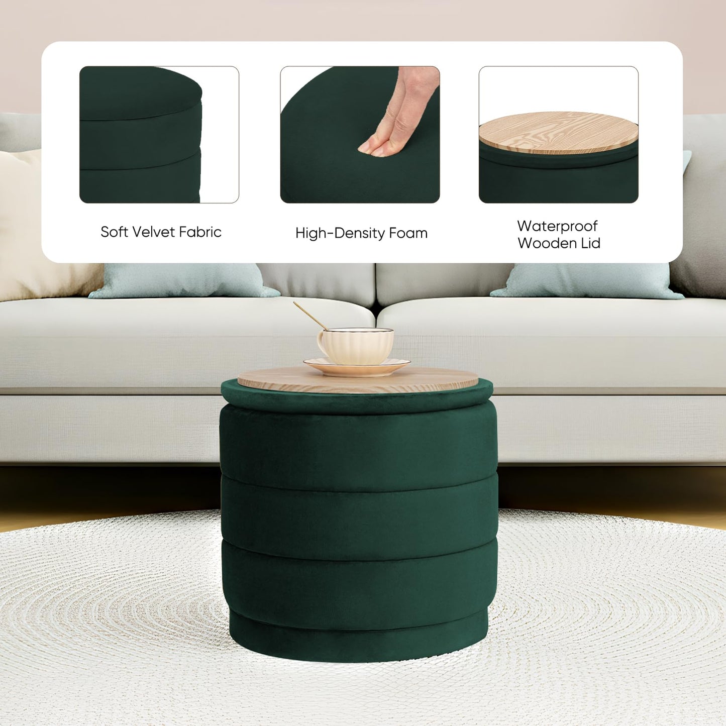 ZOLANOful 15.4" Round Velvet Storage Ottoman with Reversible Lid, Upholstered Circular Ottoman Footrest with Hidden Storage, Foldable Padded Footstool for Dorm Living Room & Bedroom, Bottle Green