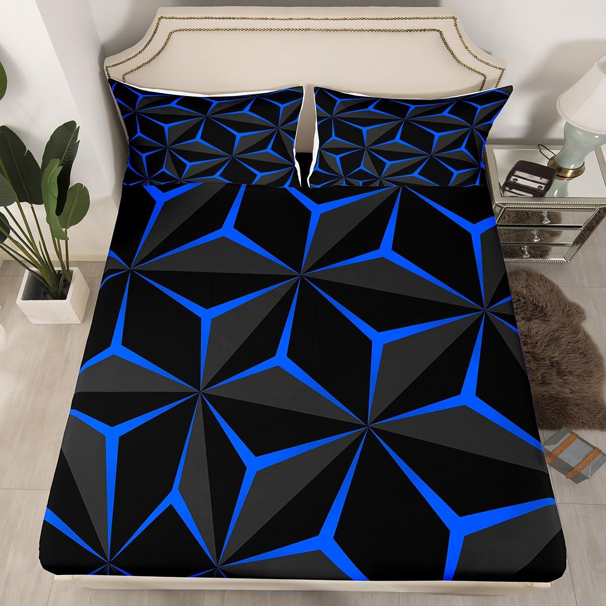 Feelyou Neon Honeycomb Sheet Set Twin Size,Geometric Stereoscopic Theme Teens Boys Bedding Set,Adults Bedroom Decoration 3D Blue Print Fitted Sheet All Season