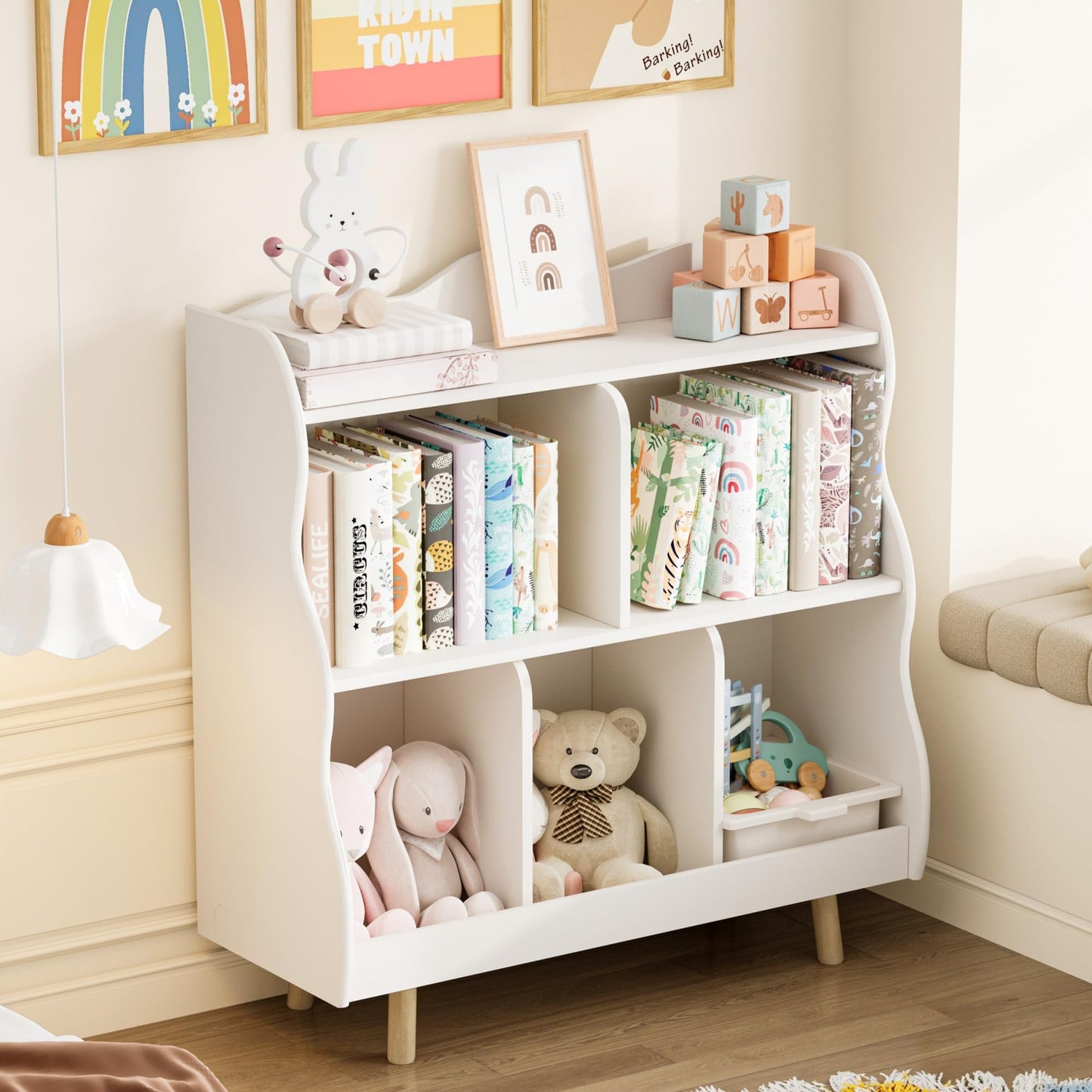 Treocho Kids Bookshelf and Toy Storage Orangizer, 3-Tier Wooden Children's Bookcase with Curve Design, 5 Cubbies Toy Storage Cabinet Display with Legs for Children's Room, Playroom, School, White
