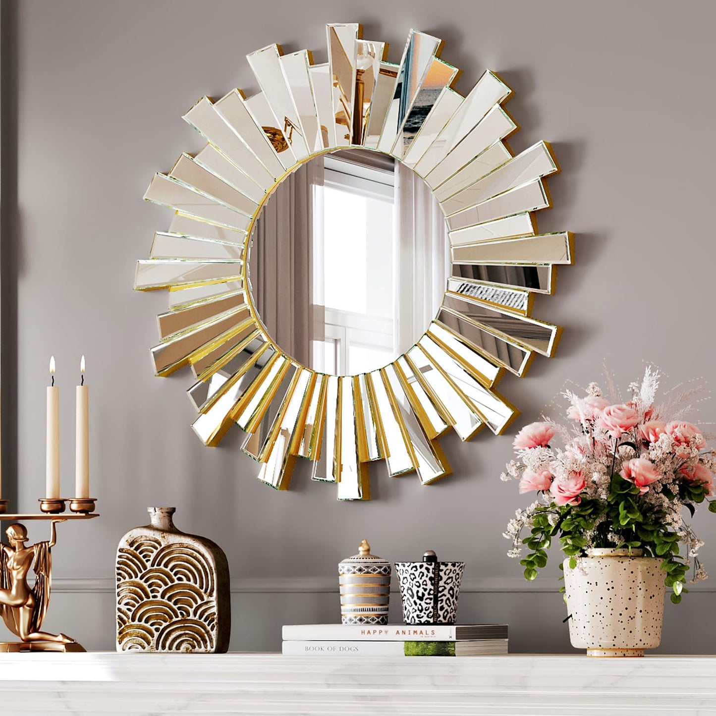 MYOTA Silver Sunburst Wall Mirror, 26" Decorative Round Accent Mirror with Beveled Mirrored Frame, Modern Glam Luxury Wall Decor for Living Room, Bedroom, Entryway, Dining Room and Fireplace