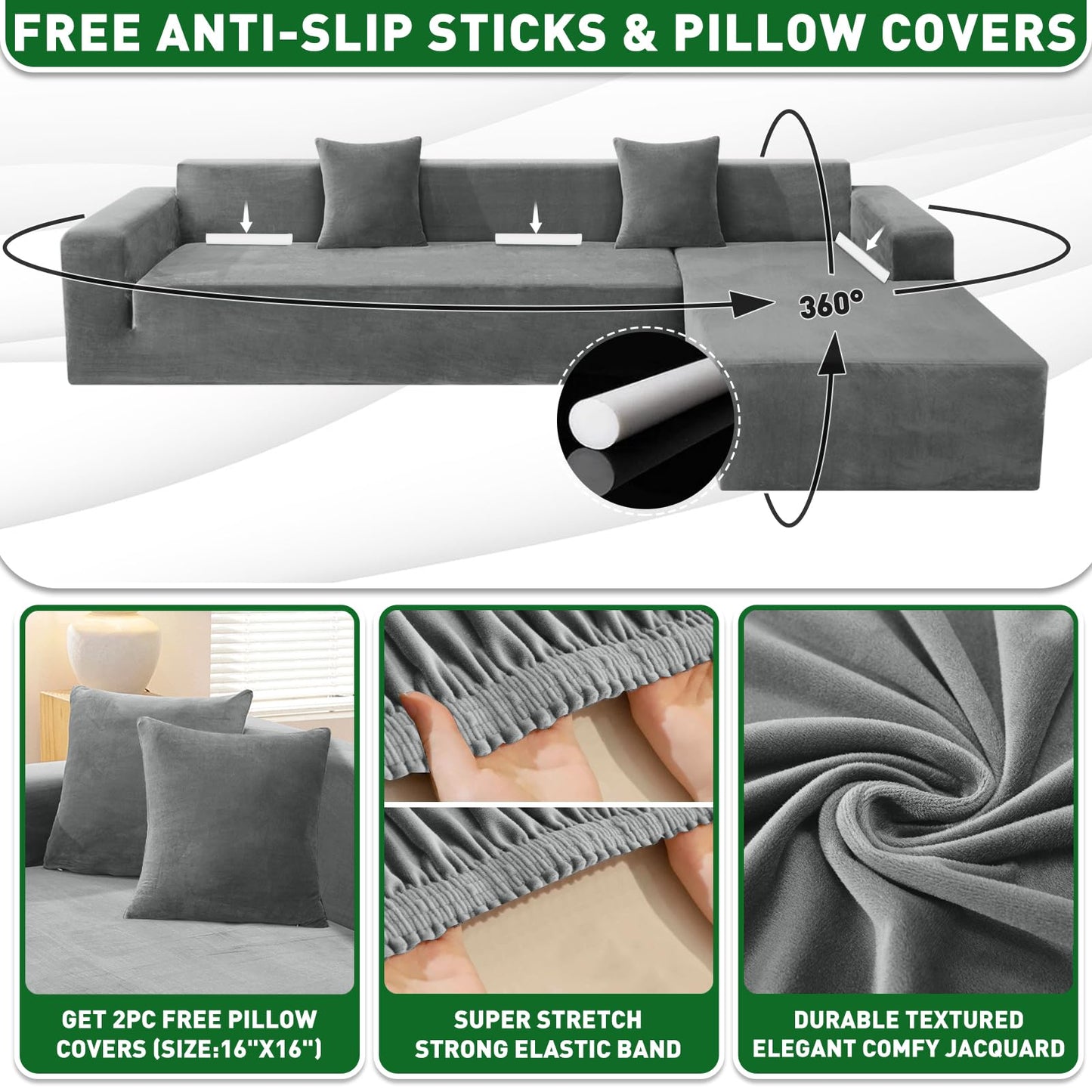 ZNSAYOTX 2026 Soft Velvet Sectional Couch Covers, Luxury Plush Slipcovers with Elastic Bottom for L Shape Sectional Sofa, 2 Pcs Pet Friendly Protector (3 Seat Couch + 2 Seat Chaise, Grey)