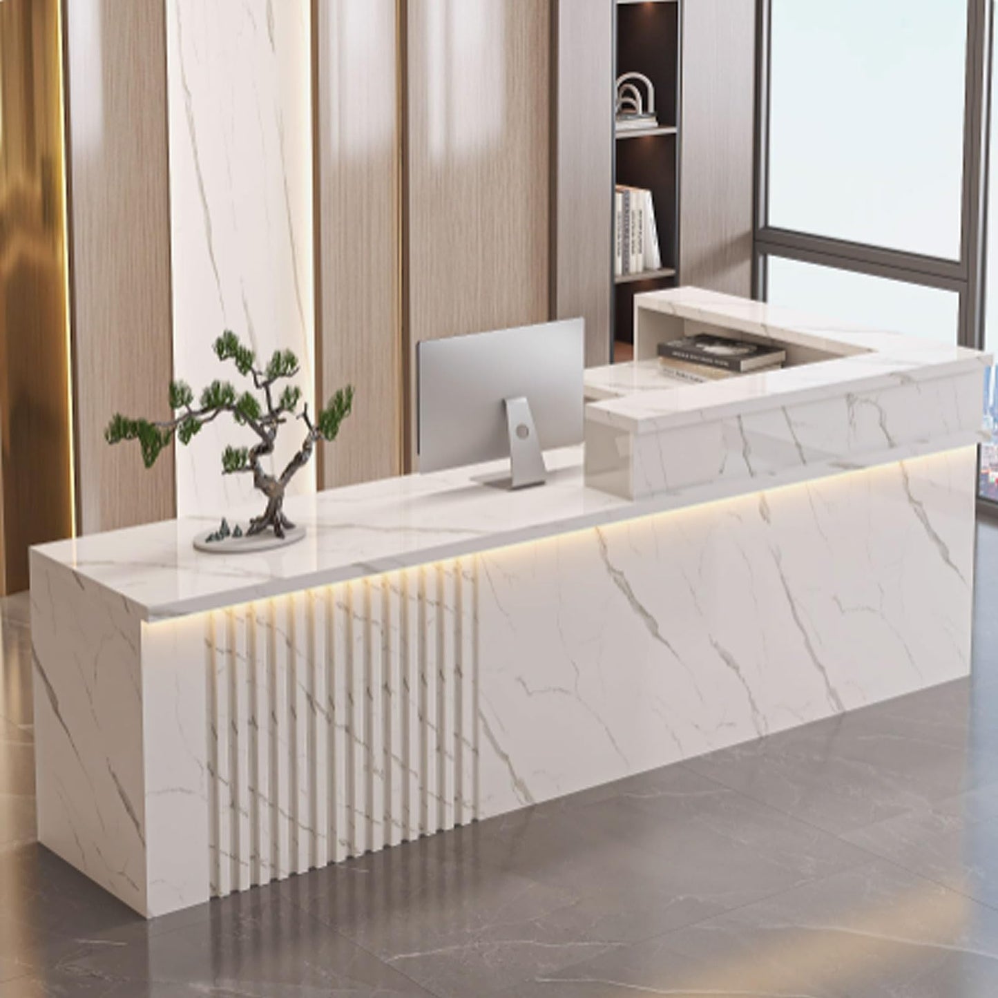 Stylish Modern Reception Desk with Storage - 120cm White Textured Office Counter Table for Beauty Salons & Lobbies, Includes LED Light Strips, Elegant Receptionist Furniture