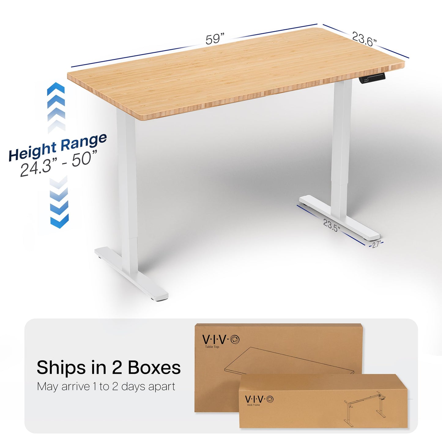 VIVO Electric 60 x 24 in Dual Motor Sit Stand Desk, Memory Height Adjustment, 2B Series, Bamboo Top White Frame, DESK-KIT-2W6O