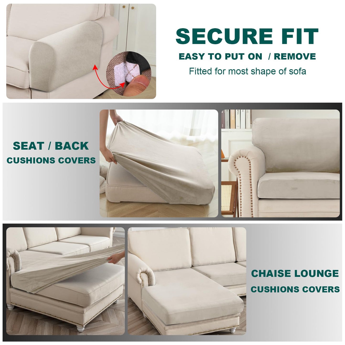 10 Pieces Sofa Cushion Covers for U-Shaped Modular Sectional Couch with 4 Seat+4 Back+2 Arms, Stretch Velvet Upholstered Covers for Sofa Bed with Deep Double Chaise (Beige,Universal (10 Pieces))