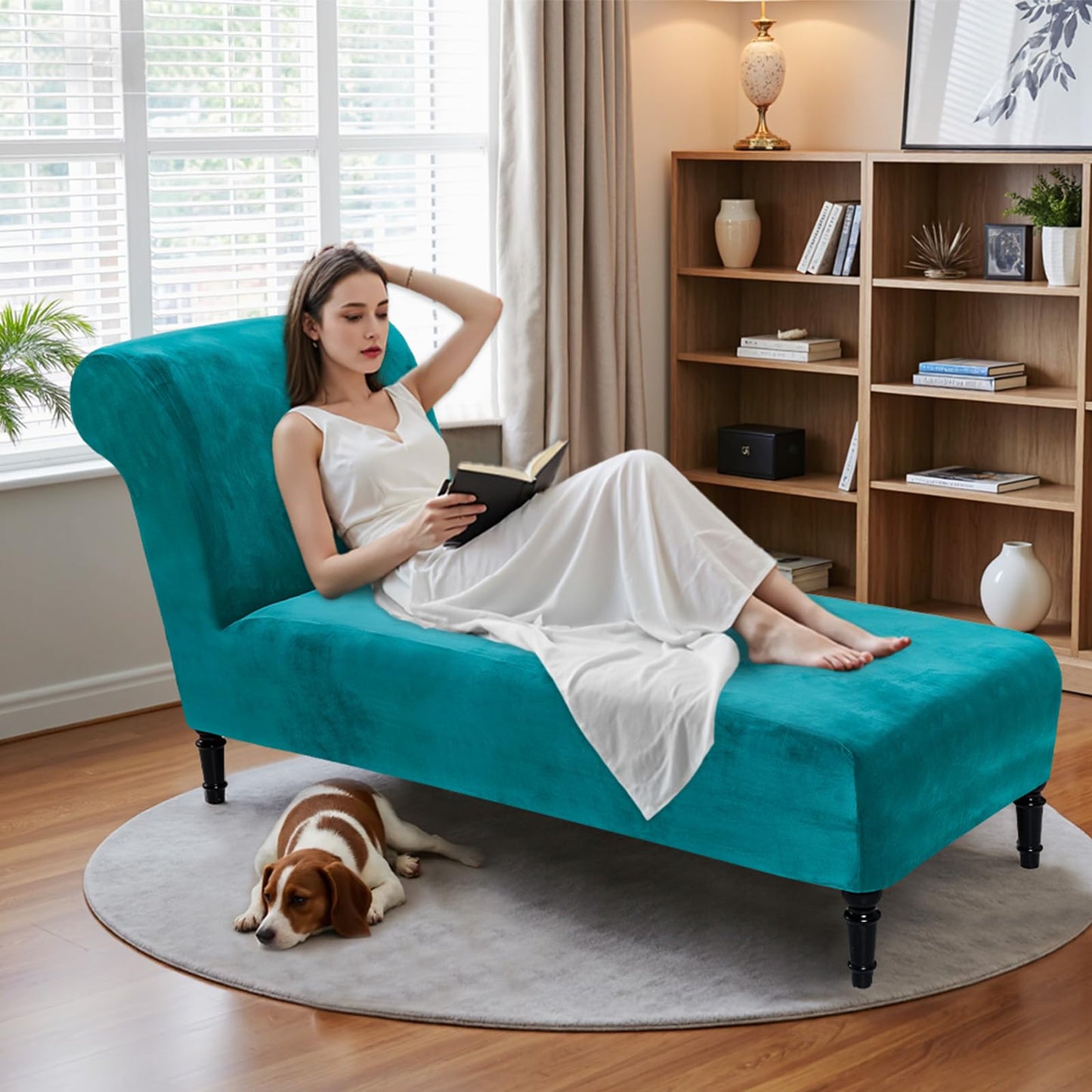 Velvet Chaise Lounge Cover Indoor Armless Chaise Slipcover Luxury High Stretch Ultra Soft Lounge Chair Covers Modern Machine Washable Chair Cover for Living Room Bedroom Furniture, Peacock Blue