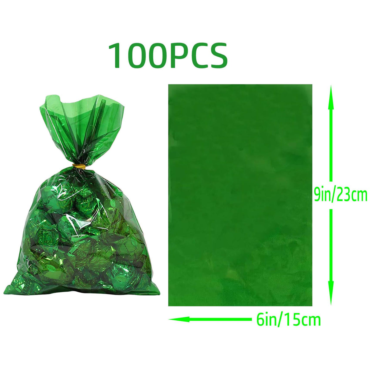 brzikwt 100Pcs Green Gift Bags，Cellophane Bags,Treat Bags,Goodie Bags,Candy Bags They are suitable for Valentine, Birthday, Christmas,Gift Cookie Snack Packing Party Favor Supplies 6x9 inch
