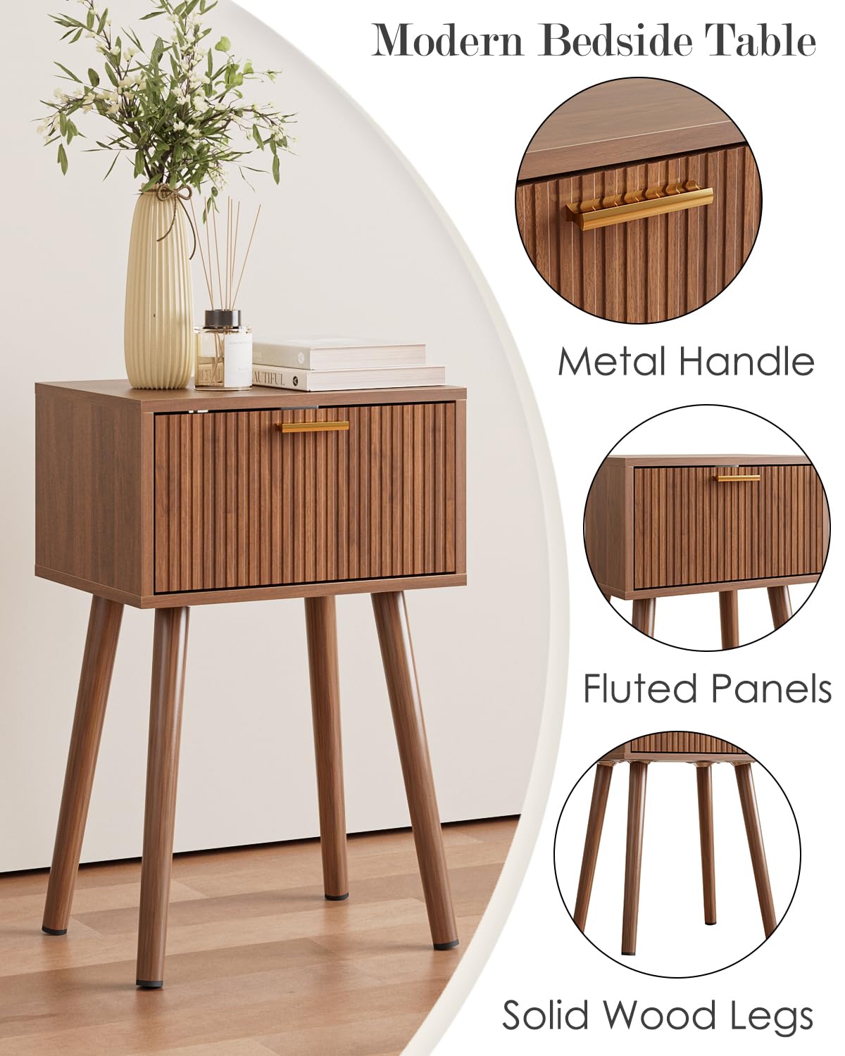 ASACESCU Night Stand, Walnut Nightstand with Fluted Door, Small Modern Mid-Century Bedside Table for Bedroom, End Table for Living Room