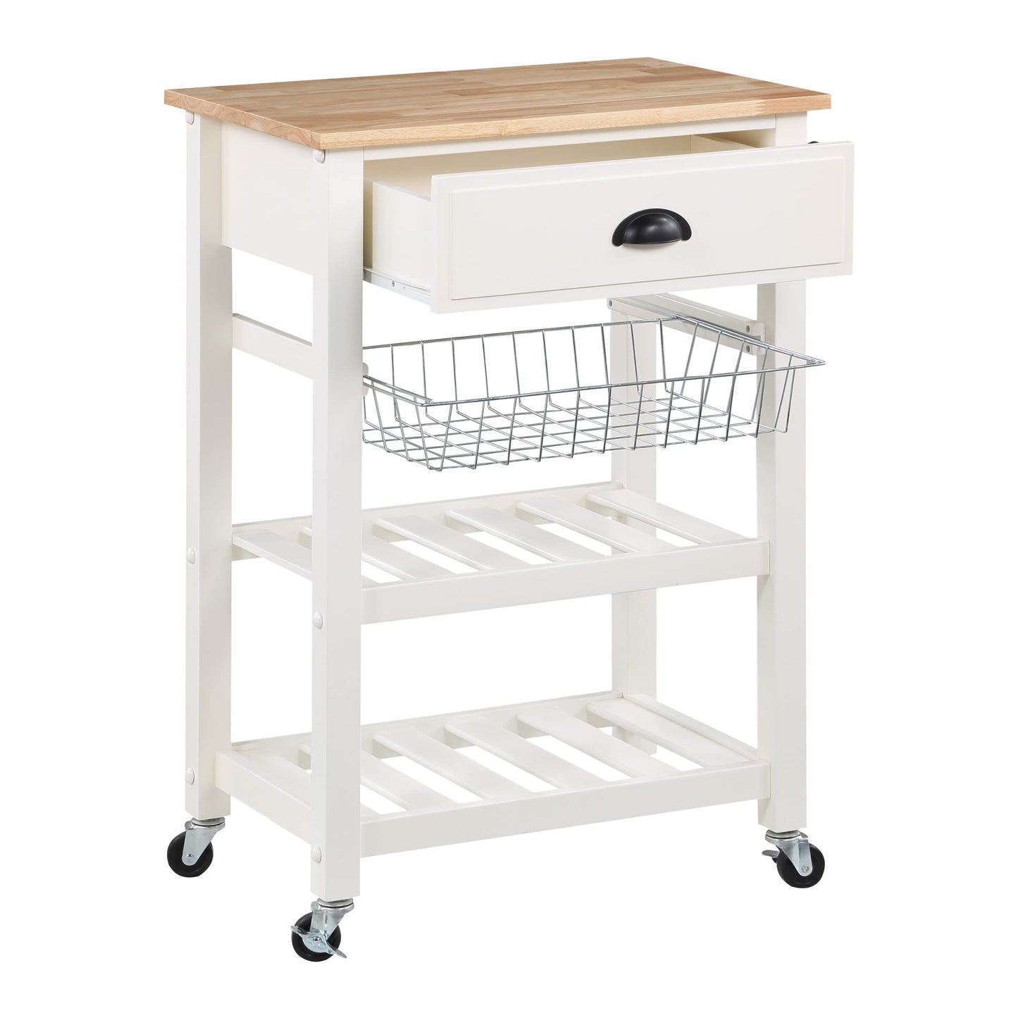 OSP Home Furnishings Hampton Kitchen Cart with Wood Top, Utensil Drawer, Under Cabinet Basket, and 2 Slatted Shelves, White Base