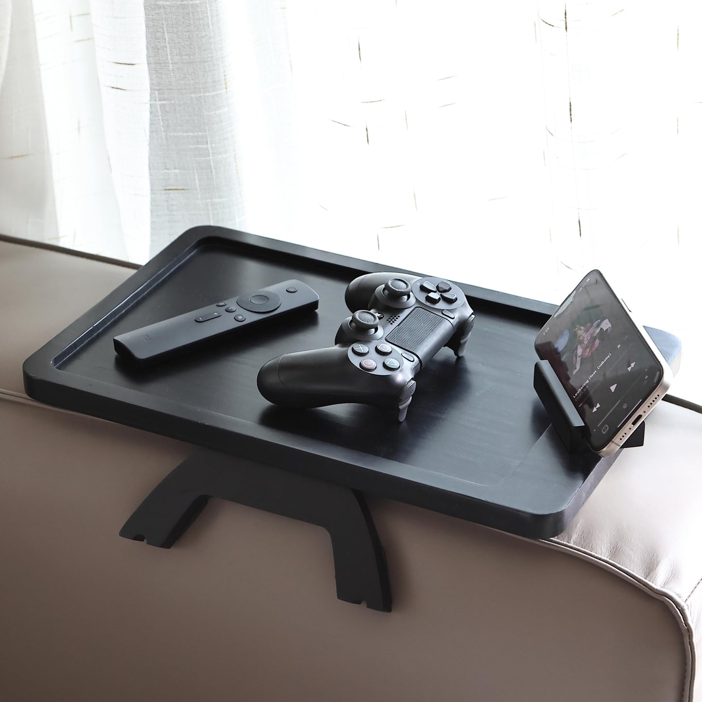 BAMBOO LAND- Couch Arm Tray, Wooden Folding Couch Armrest Table, Black, Rectangular Clip-On Sofa Arm Tray with 360° Rotating Phone Holder