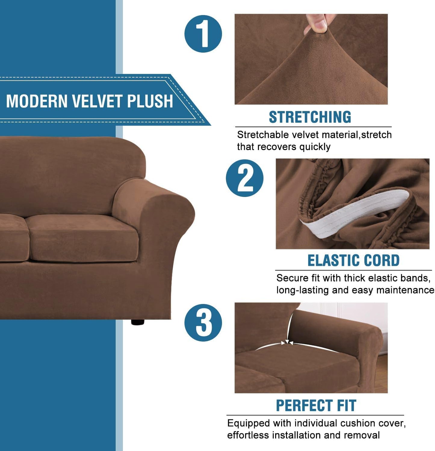 H.VERSAILTEX Modern Velvet Plush 4 Piece High Stretch Sofa Slipcover Sofa Cover Furniture Protector Form Fit Luxury Velvet Sofa Cover for 3 Cushion Couch Width Up to 90 Inch (Sofa, Caramel Cafe)