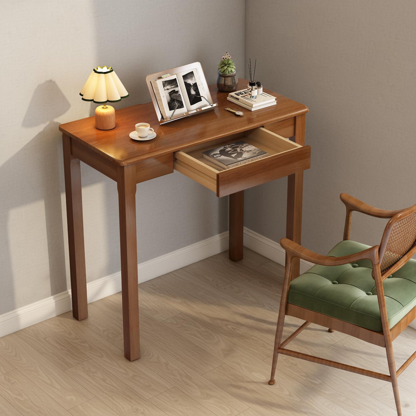 Love-KNPTUS Solid Wood Desk with Drawers - 31.5" Narrow Desks for Small Spaces, Mid Century Modern Desks, Small Wooden Vintage Computer Writing Desk, Study Table for Home Office Bedroom, Walnut