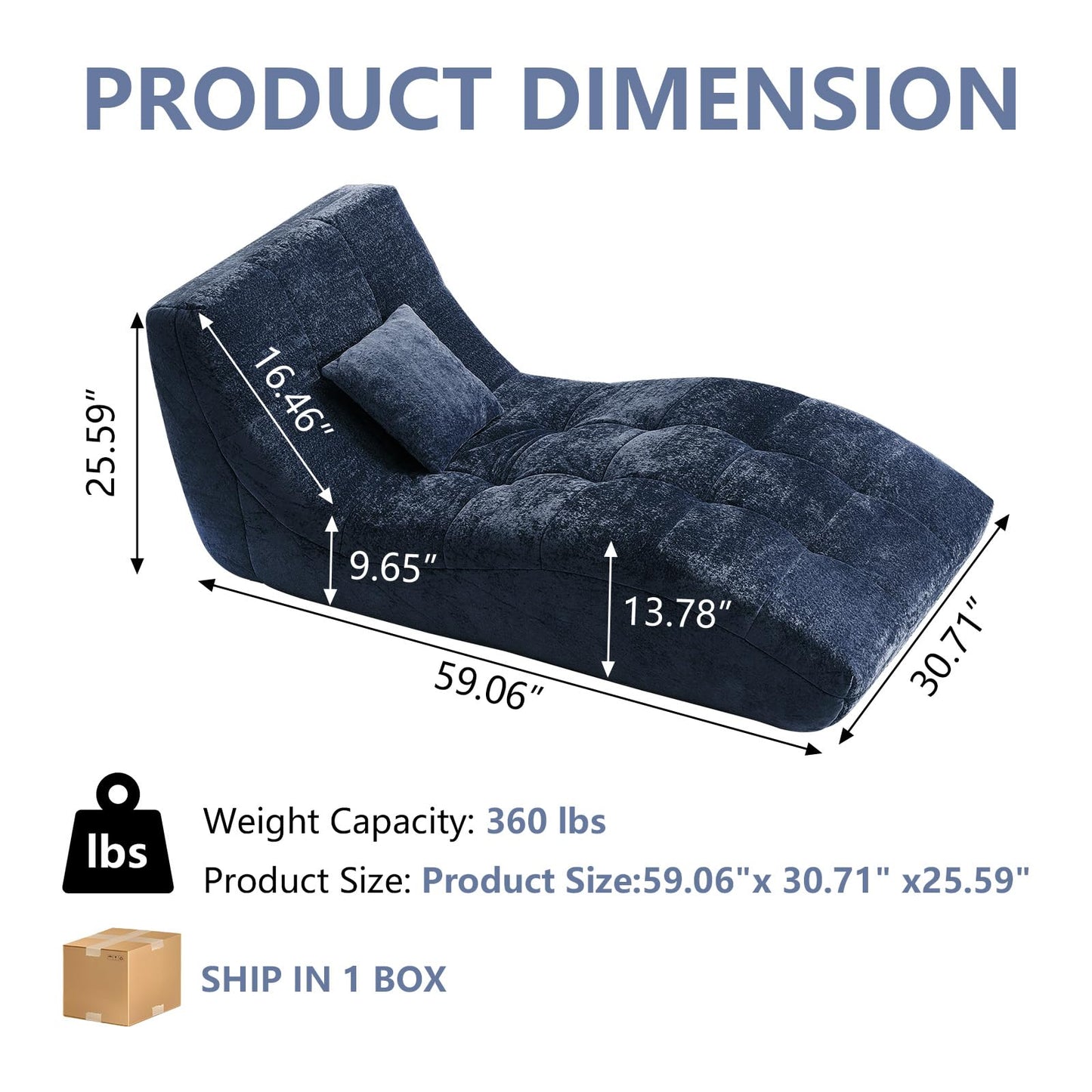 Huadeo Chaise Lounge Chair with Curved Back, Modern Upholstered Recliner Sofa, Tufted Accent Lounger Comfortable Lazy Chair for Bedroom, Apartment (Blue)