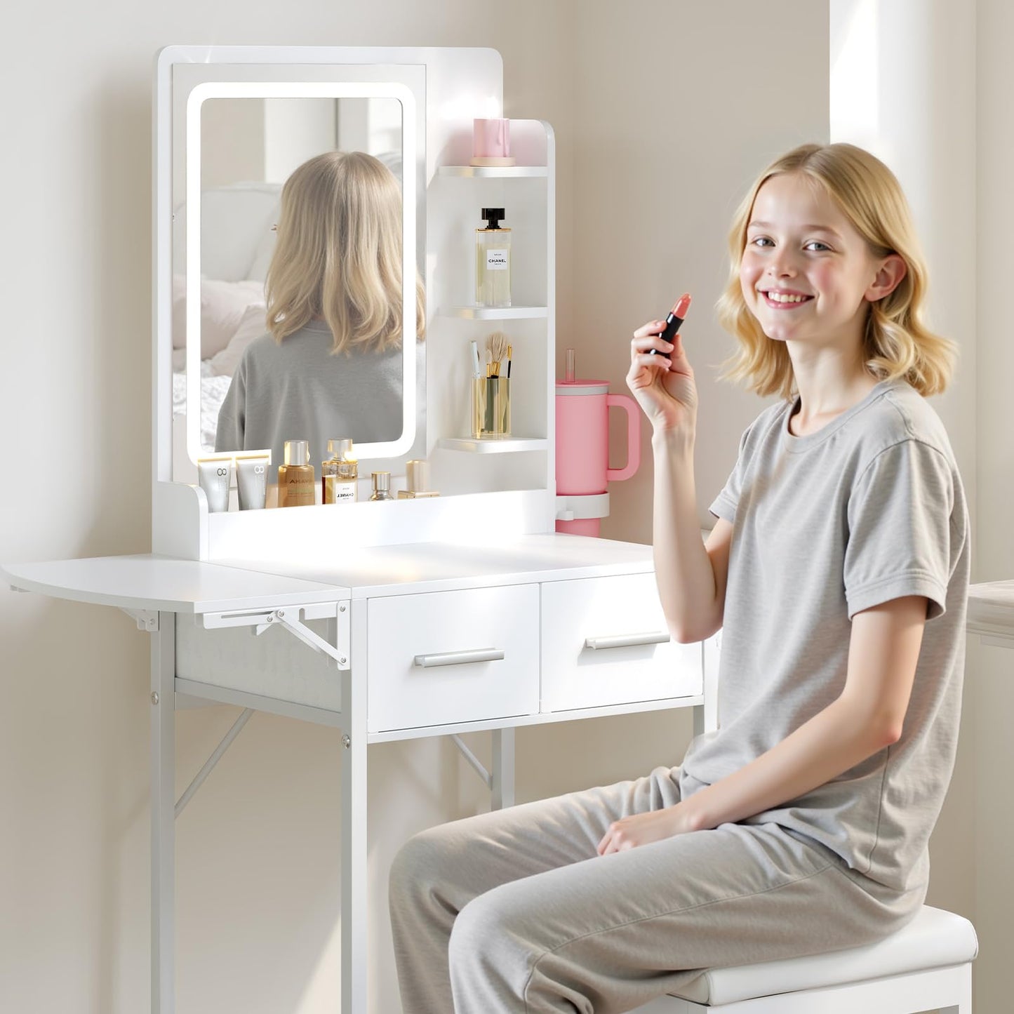 MemoCastle Small Vanity Desk for Compact Space: Mini Makeup Table Set for Bedroom - Tiny White Vanity with Mirror for Girls
