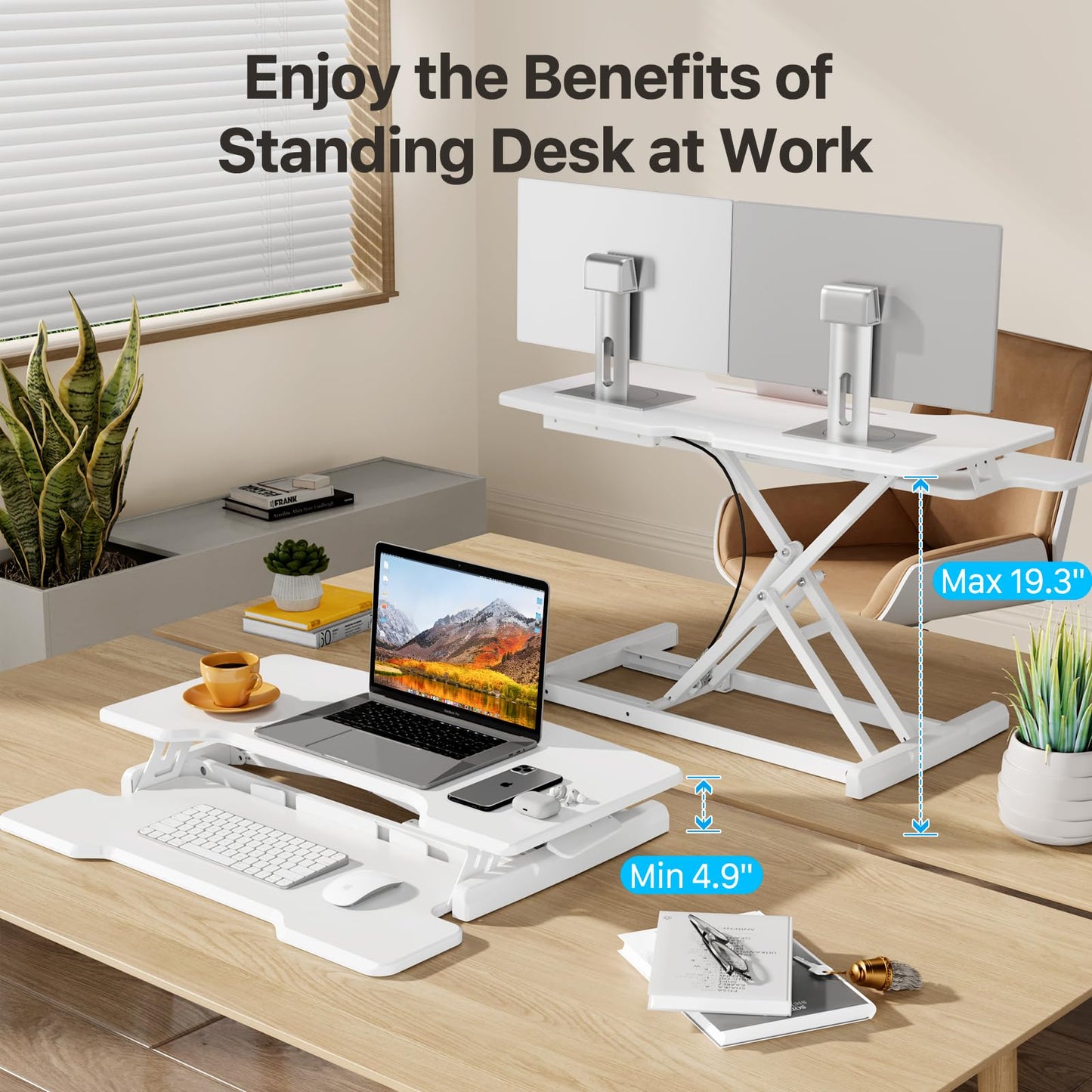 JYLH JOYSEEKER Standing Desk Converter 32 inch, Height Adjustable Sit Stand Desk Riser, Quick Sit to Stand Tabletop Dual Monitor Riser Workstation for Home Office with Keyboard Tray, White