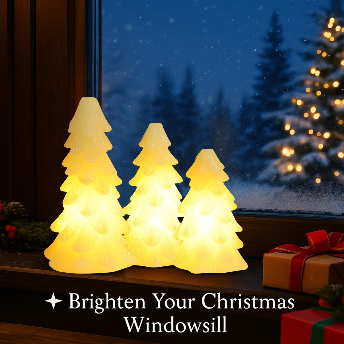 CHUANGLI 3 Pcs Glittering White Christmas Tree Shaped Candle Flickering Flameless LED Candles with Remote, Real Wax Battery Operated Candle for Christmas Home Party Decoration and Gift