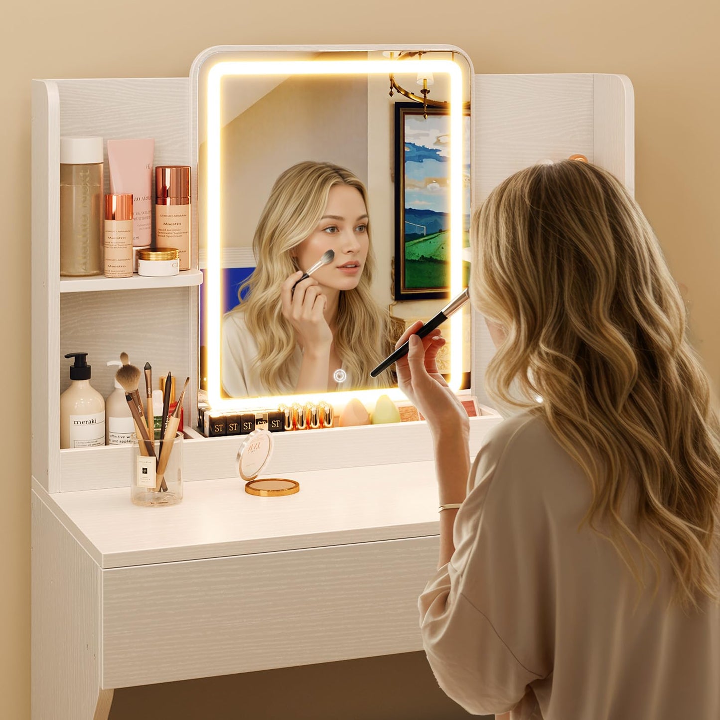 Driftalia Small Vanity Desk with Mirror and Lights, Makeup Vanity with Storage Drawer, 2 Shelves and 3 Compartments - White