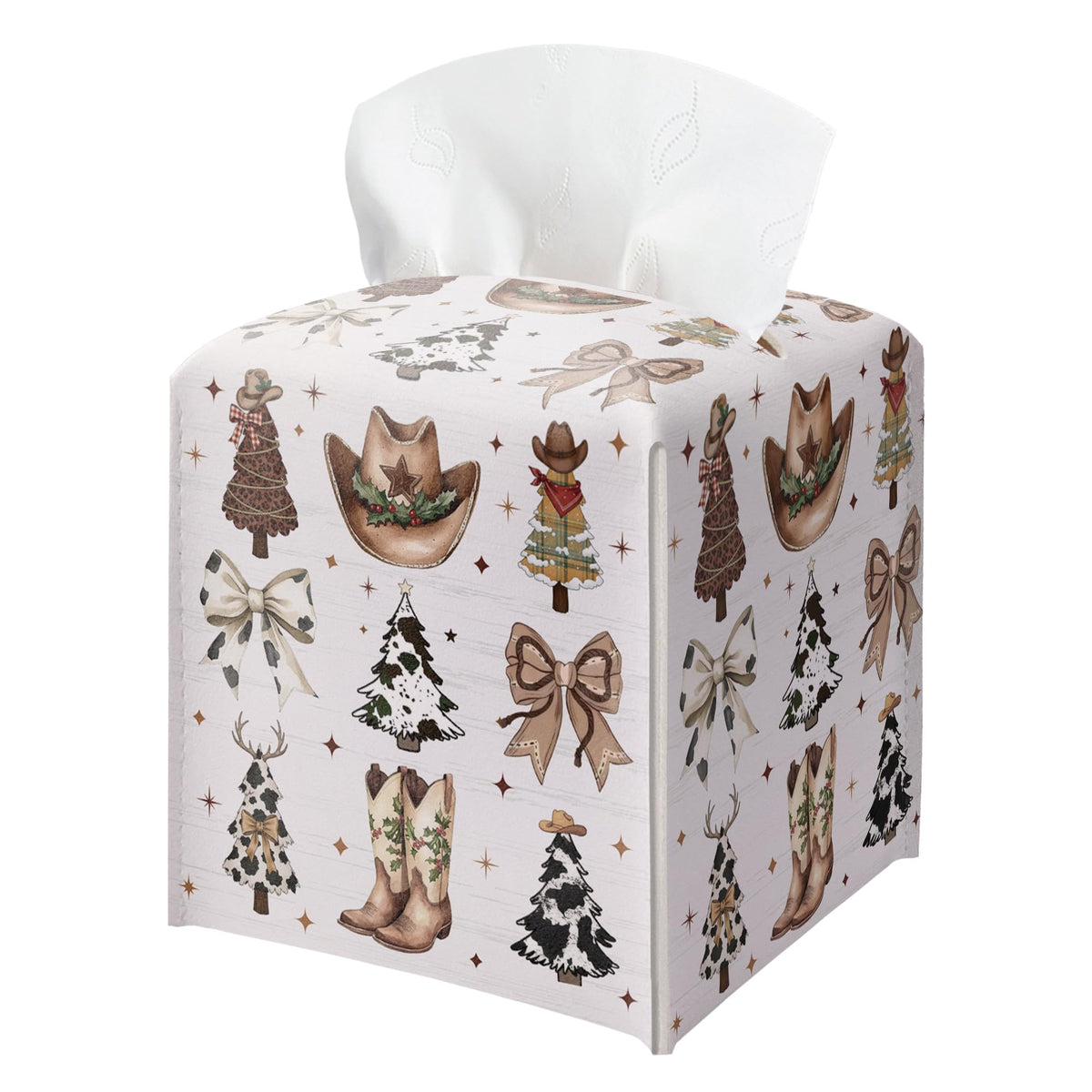 Country Christmas Tissue Box Holder, Cowgirl Boots Hat Christmas Trees Leather Tissue Box Cover Square, Paper Facial Decorative Tissues Cover for Bathroom Kitchen Office Home Decor-B33