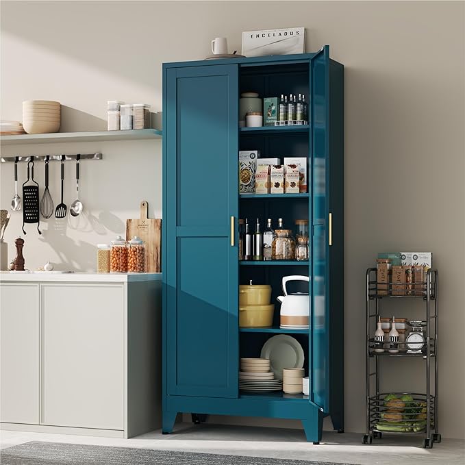 YAUWOH 71''Metal Cabinet with 4 Adjustable Shelves, 5-Tier Pantry Storage