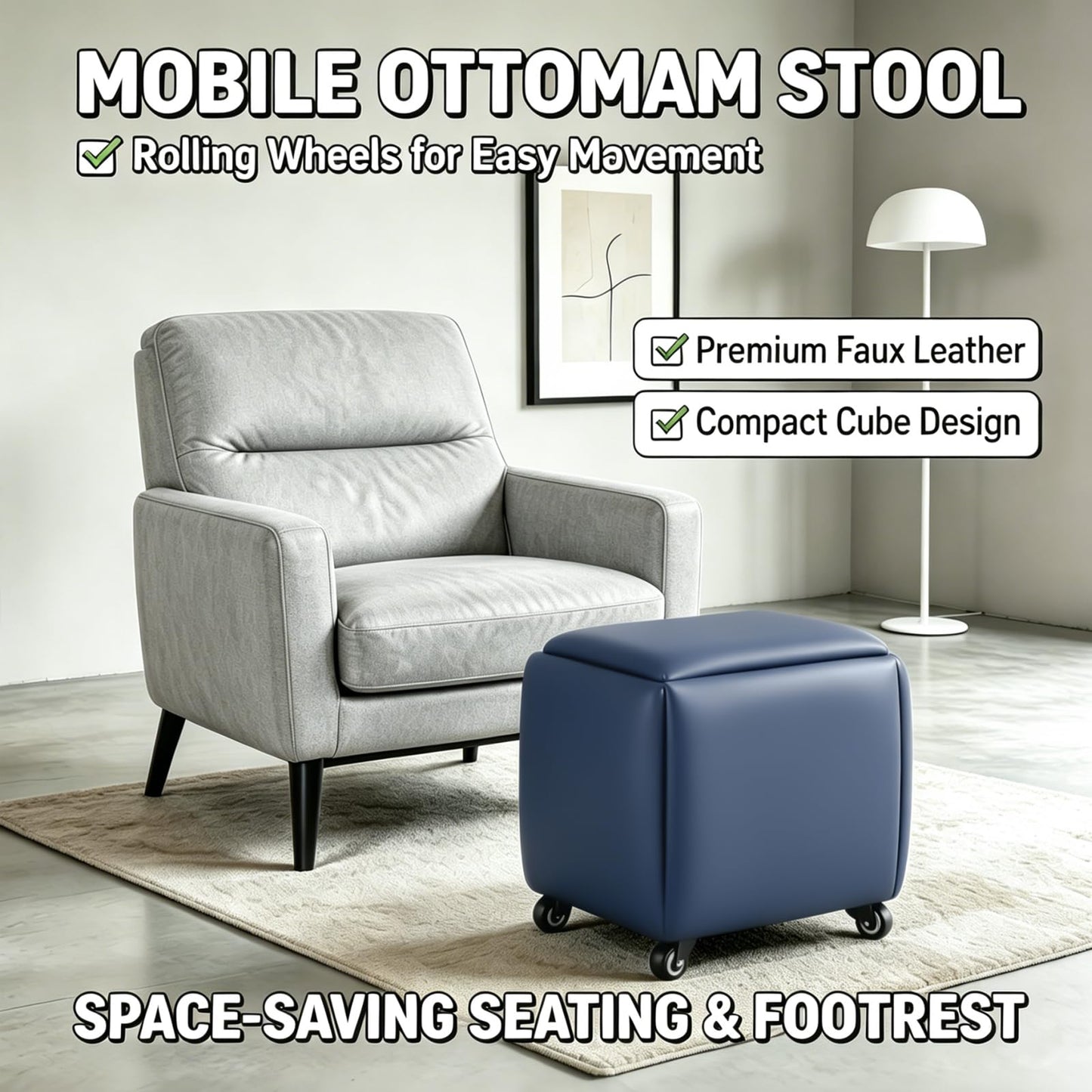 LUGSHIREE 5 in 1 Nesting Ottoman Cube Chair, Stackable Stools, Leather Square Ottoman Bench, Foot Stool with Wheels for Living Room,Dining Room 15.75x15.75x16.54 inches