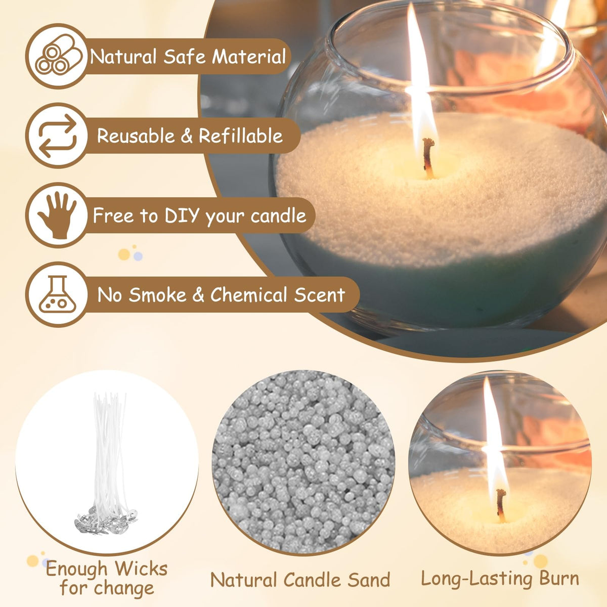 MECCANIXITY Pearled Sand Candles with 20 Pcs Wicks 7Oz / 200g Candle Beads Refillable Powder Sand Wax Making Kit for Thanksgiving Christmas Wedding Party DIY Home Crafts, Gray