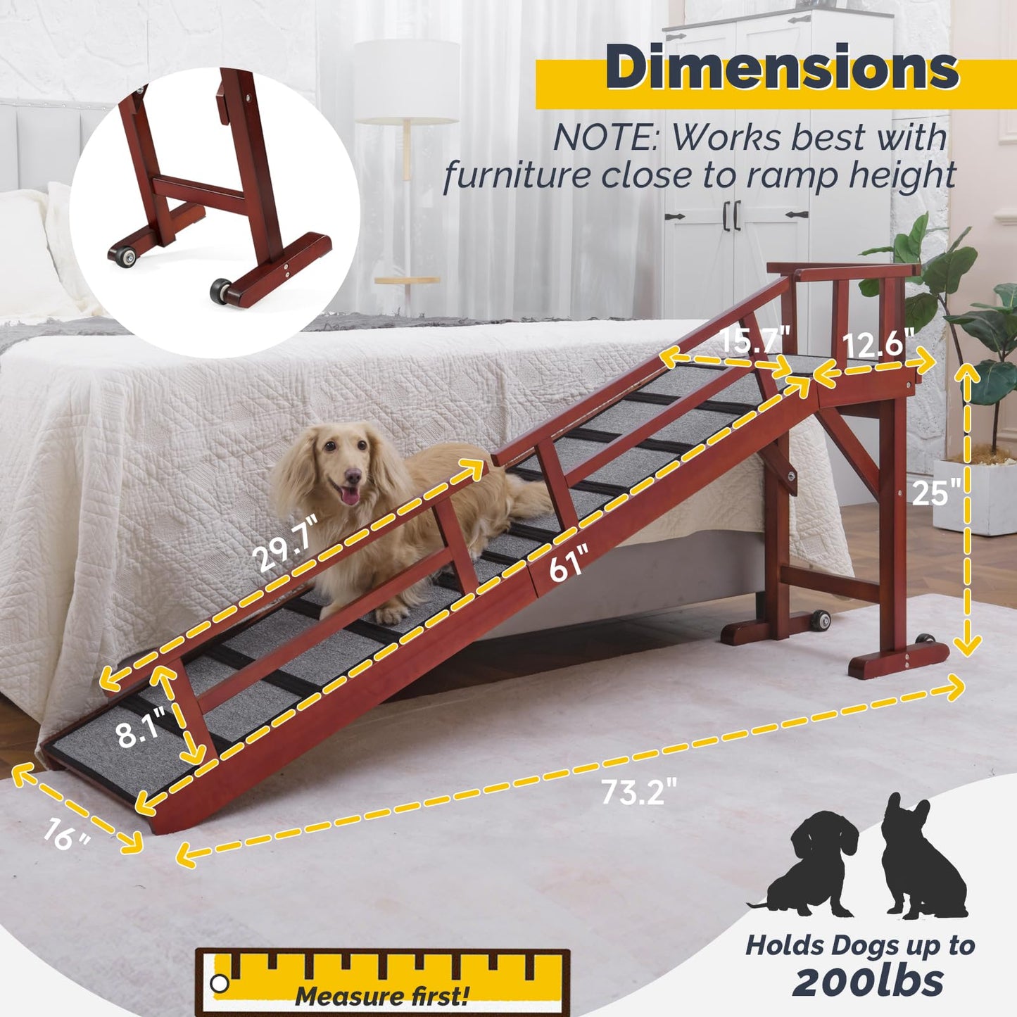 KUVETO Dog Ramp for Bed or Couch, Wooden Pet Ramp with 20° Gentle Slope, Removable Side Rails, Non-Slip Surface, Top Platform & Wheels, Safe Bed Ramp for Small, Large & Senior Dogs, 74" Long, Mahogany