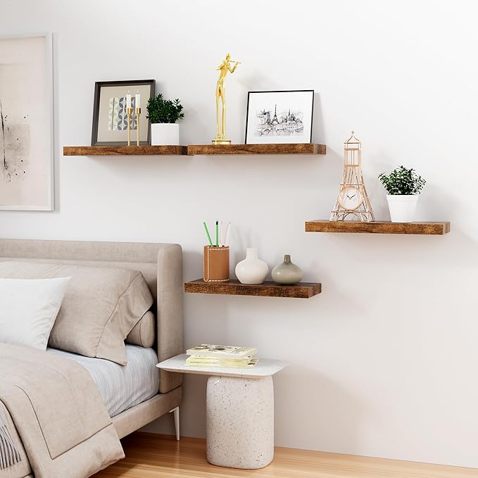 Bellsal Floating Shelves for Wall, Rustic Brown Wood Wall Shelf Set of 4