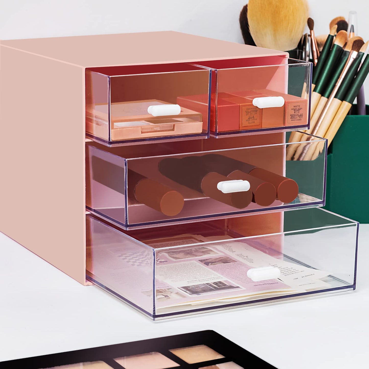 Zyners Desk Organizer with Drawer, Office Organizer with 4 Drawers, Desk Storage Box for, Desktop, Dressing table, Office, School, Home, Plastic Box and 4 Acrylic Drawers(Pink)