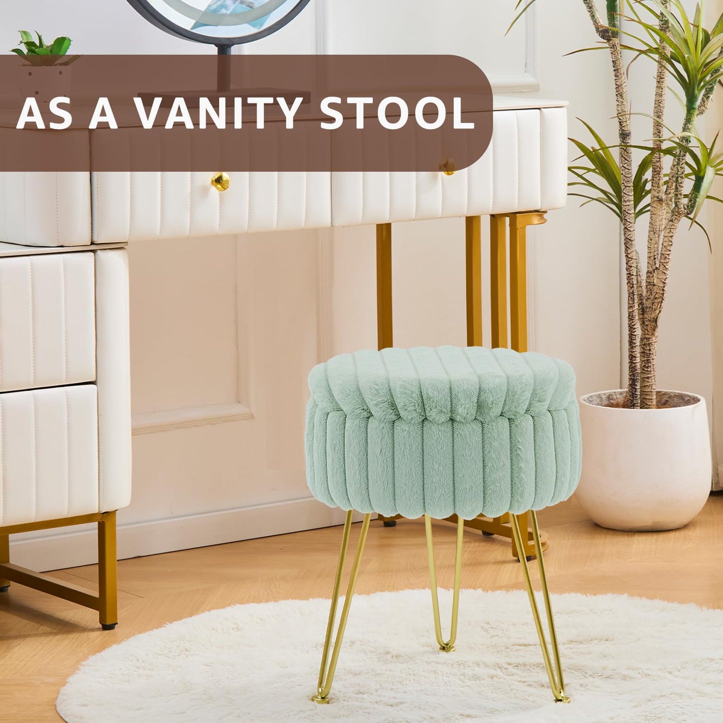 Wimarsbon Vanity Stool with Storage, Faux Fur Ottoman Chair with Metal Legs, Round Makeup Vanity Chair for Bedroom or Dressing Table, Modern Small Ottoman Seat (Green)