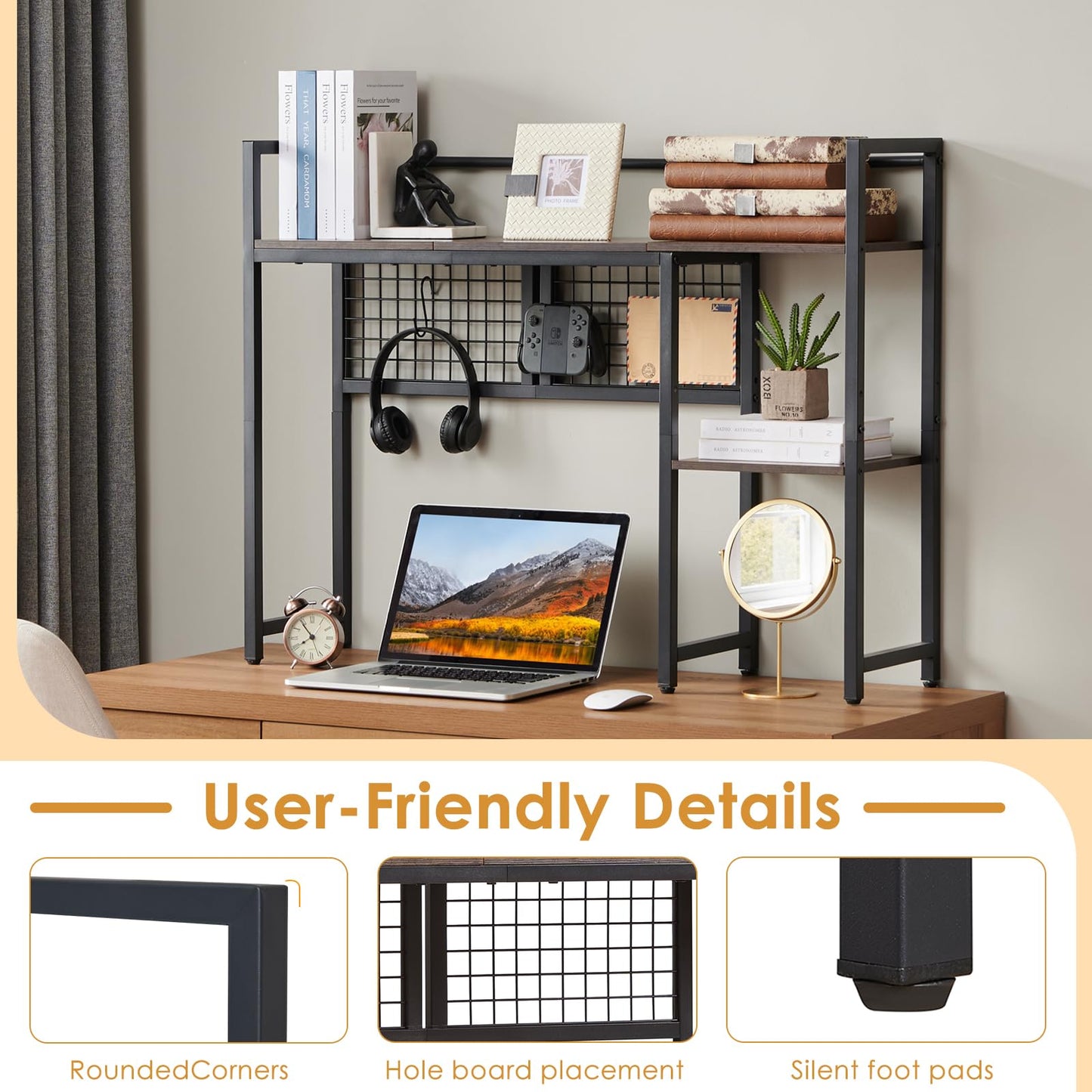 Grecodown 4-Tier Desk Hutch Shelf with Grid Panel, 39” Desktop Bookshelf for Monitor, Office & Home (Rustic Brown, 39")