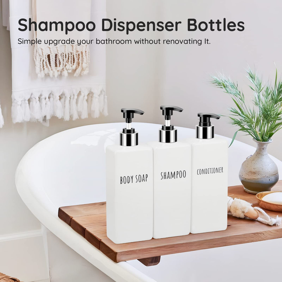 Segbeauty Square Soap Dispenser Refillable, 3pcs 16.9oz Plastic Pump Bottles, 500ml Empty Reusable Modern Bathroom Kitchen Liquid Container Set for Dispensing Shampoo Conditioner Body Soap White