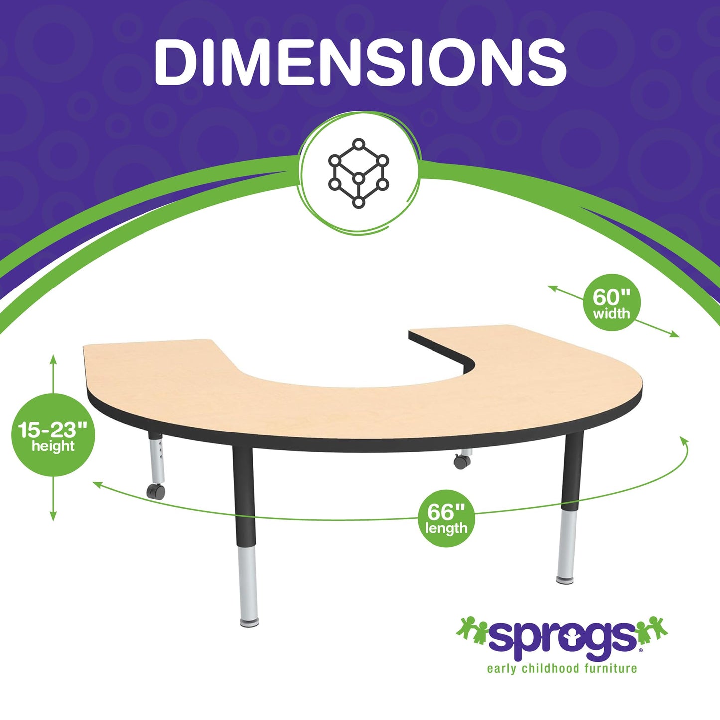 Sprogs Adjustable Height Mobile Classroom Activity Table for Preschools, Horseshoe Preschool Activity Table with Casters, 60"L x 66"W x 23"H, Maple/Black