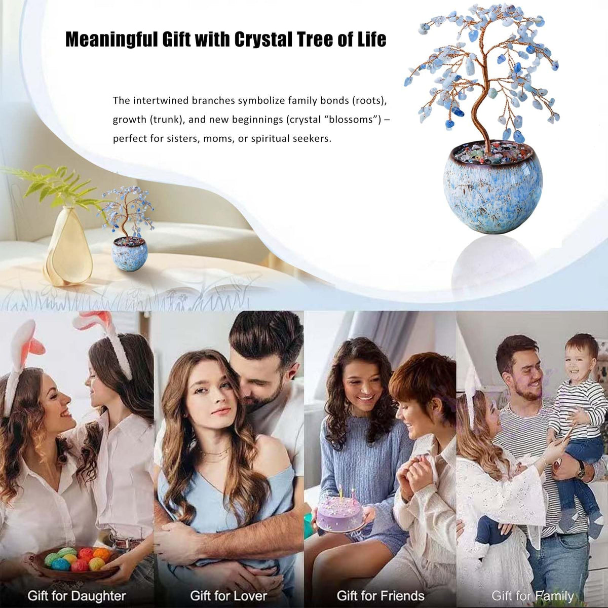 Runyangshi Aquamarine Crystal Tree of Life - 8" Large Natural Chakra Healing Crystal Tree, Bringing Money, Good Luck, Positive Energy for Home Decor, Feng Shui Gifts, Office Desk Ornament