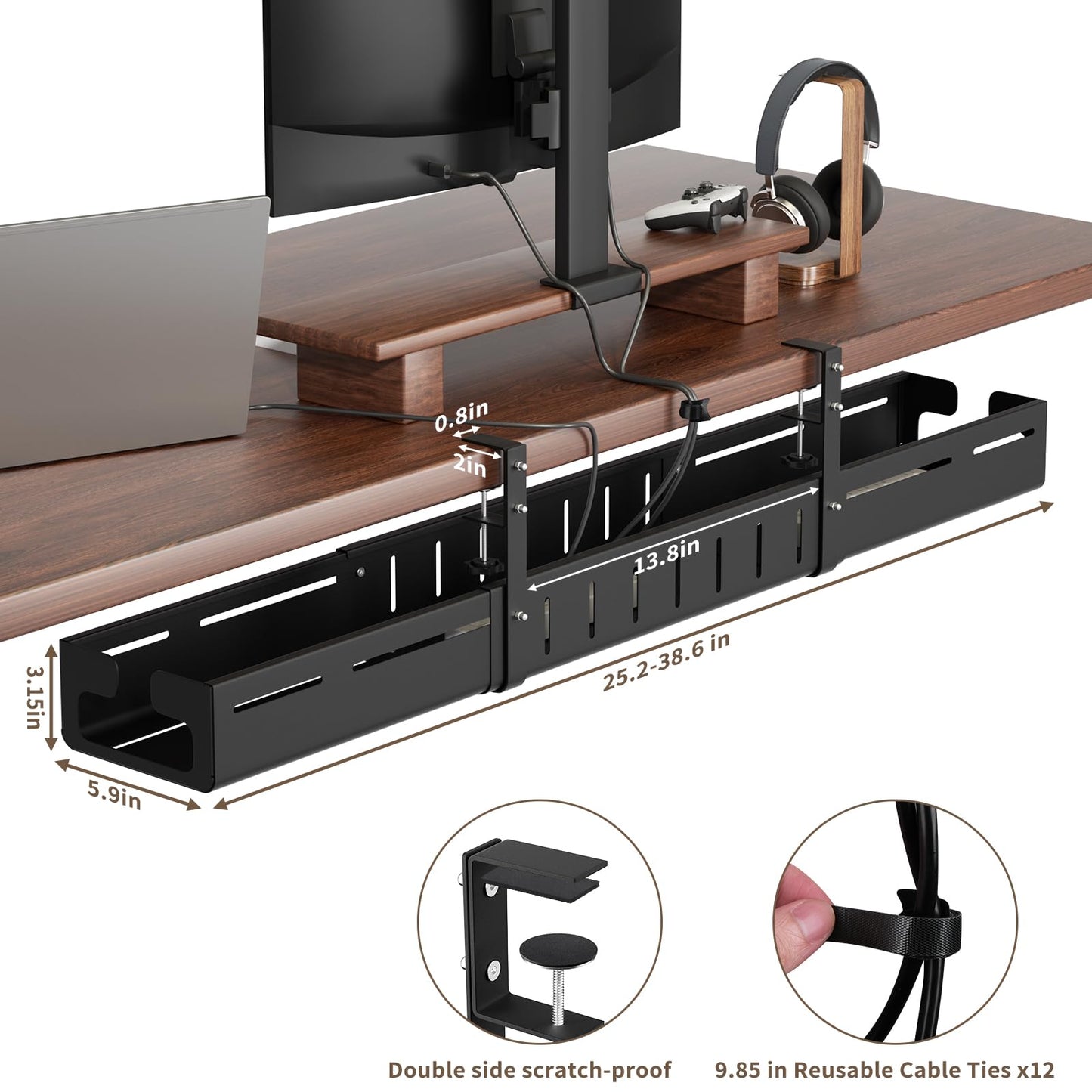 SUREUP9 Under Desk Cable Management Tray, Expandable 25.2"–38.6" Heavy Duty Carbon Steel with Clamp, Hidden Cord Organizer for Desk, Home Office & Standing Desk, No Drill Installation, Black