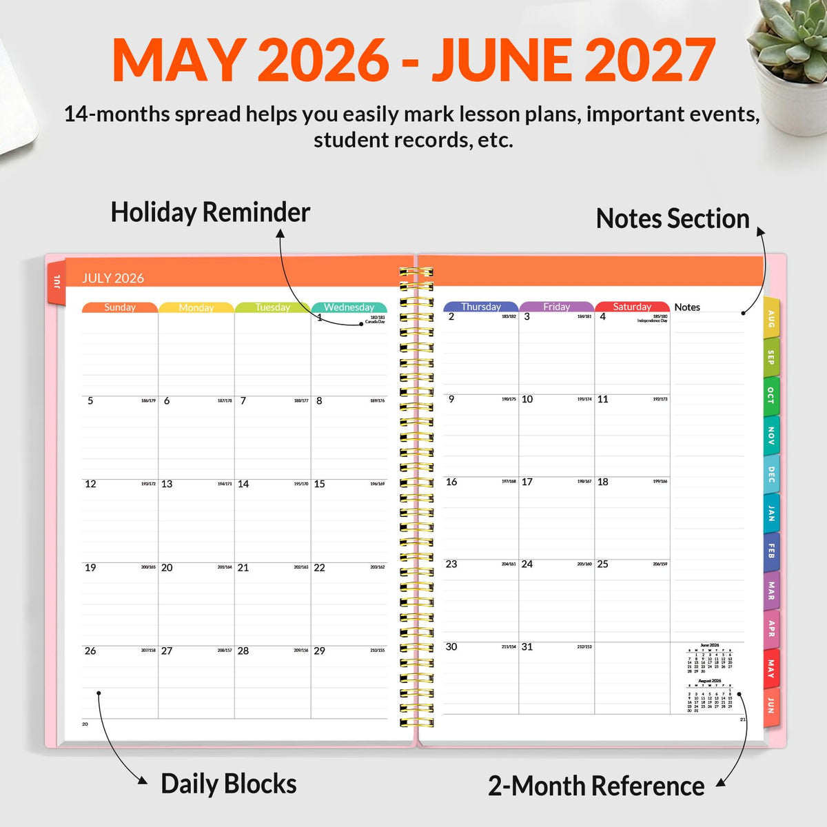 SUNEE Teacher Planner 2026-2027 Academic Year, Lite Lesson Planner Book with 7 Periods Jul 2026 - Jun 2027, 8.5"x11" Daily Weekly and Monthly Organizers, Plan Book with Pocket Folder, Color Tabs,Pink