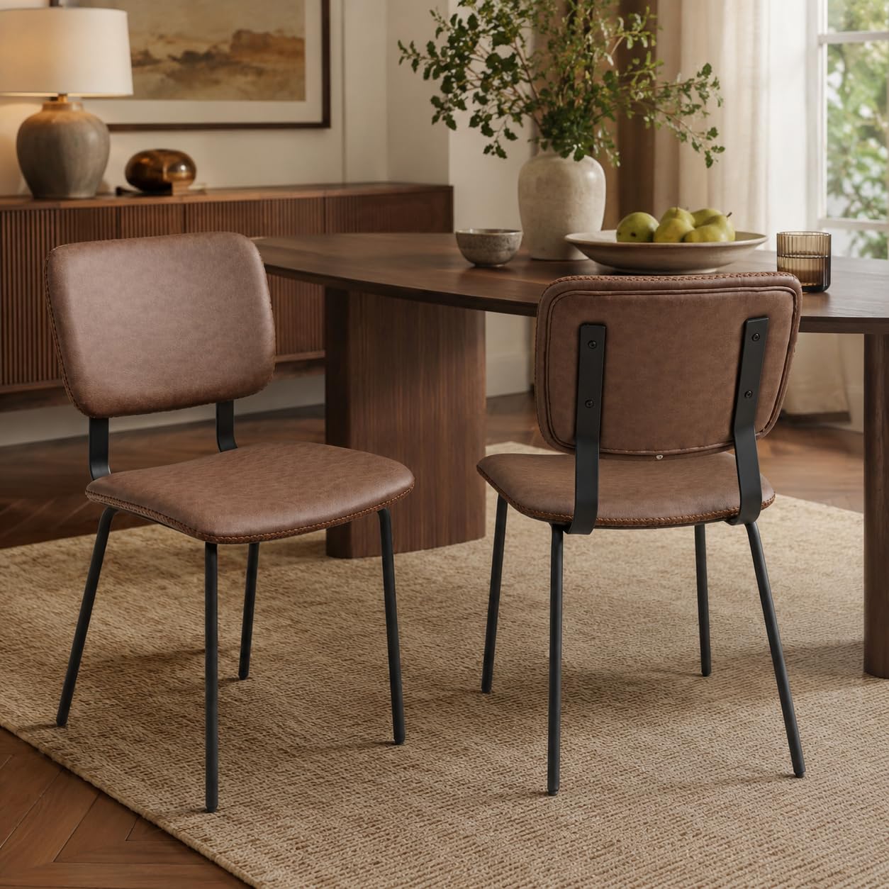 OrvieraSol Brown Dining Chairs Set of 2, PU Leather Upholstered Kitchen Chairs with Padded Seat and Back, Modern Armless Side Chairs with Black Metal Legs for Dining Room, Vanity, Living Room