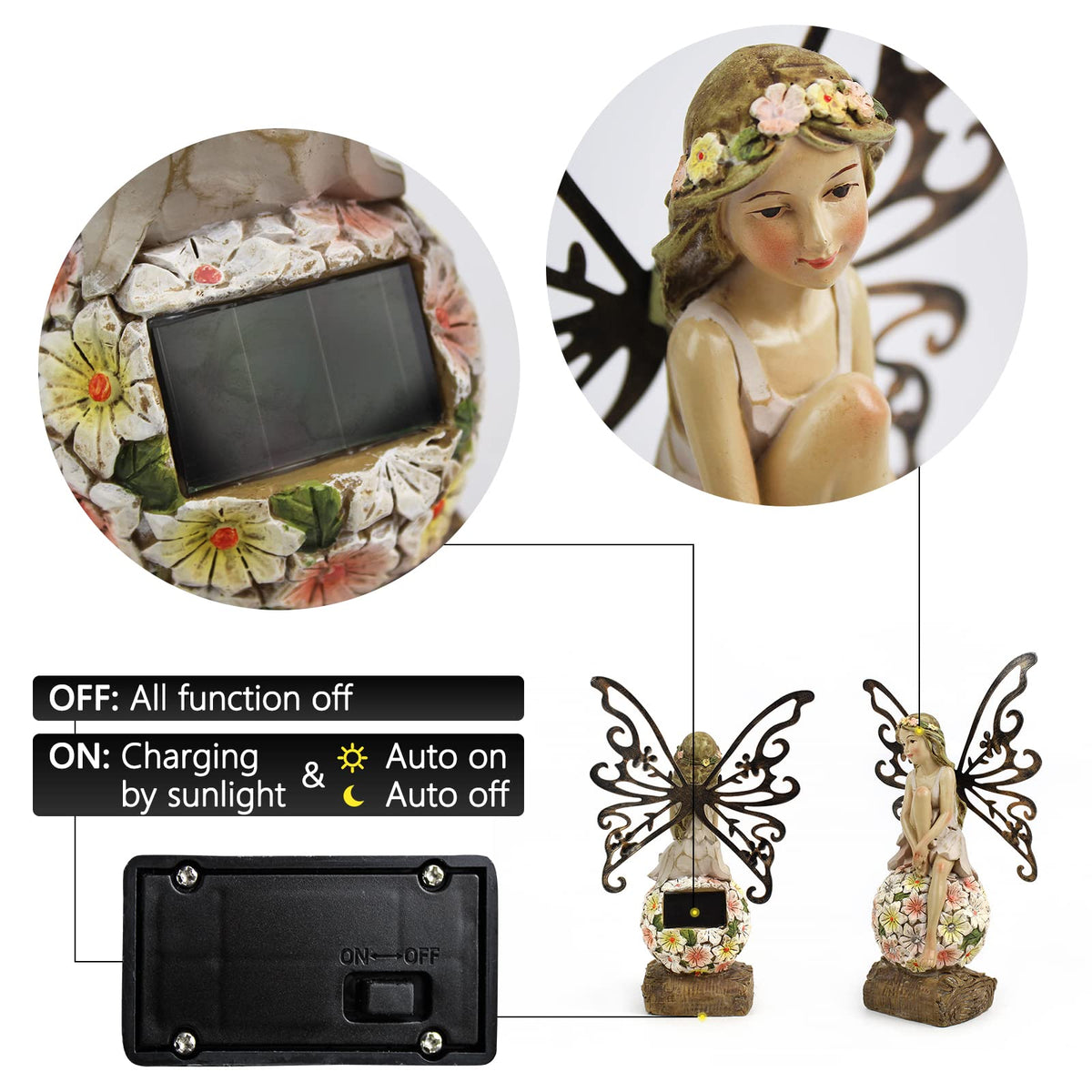 Solar Fairy Statue Garden Decor - Fairies and 7 LED Lights - Lawn Decor Statue for Patio, Balcony, Yard Ornament - Gifts for Mom Grandma Women